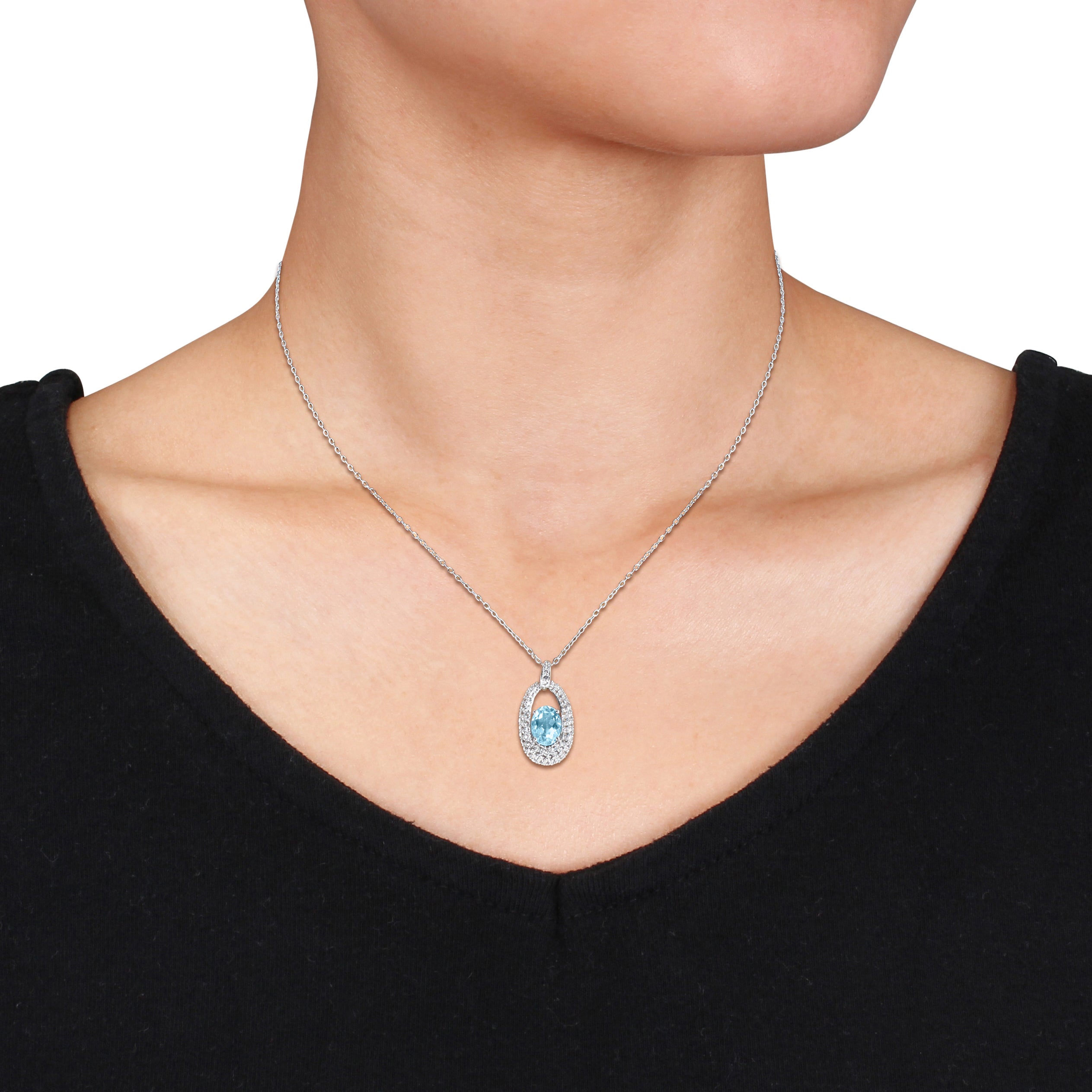 Sterling silver blue topaz pendant necklace with cable chain, full length view by Lord & Taylor
