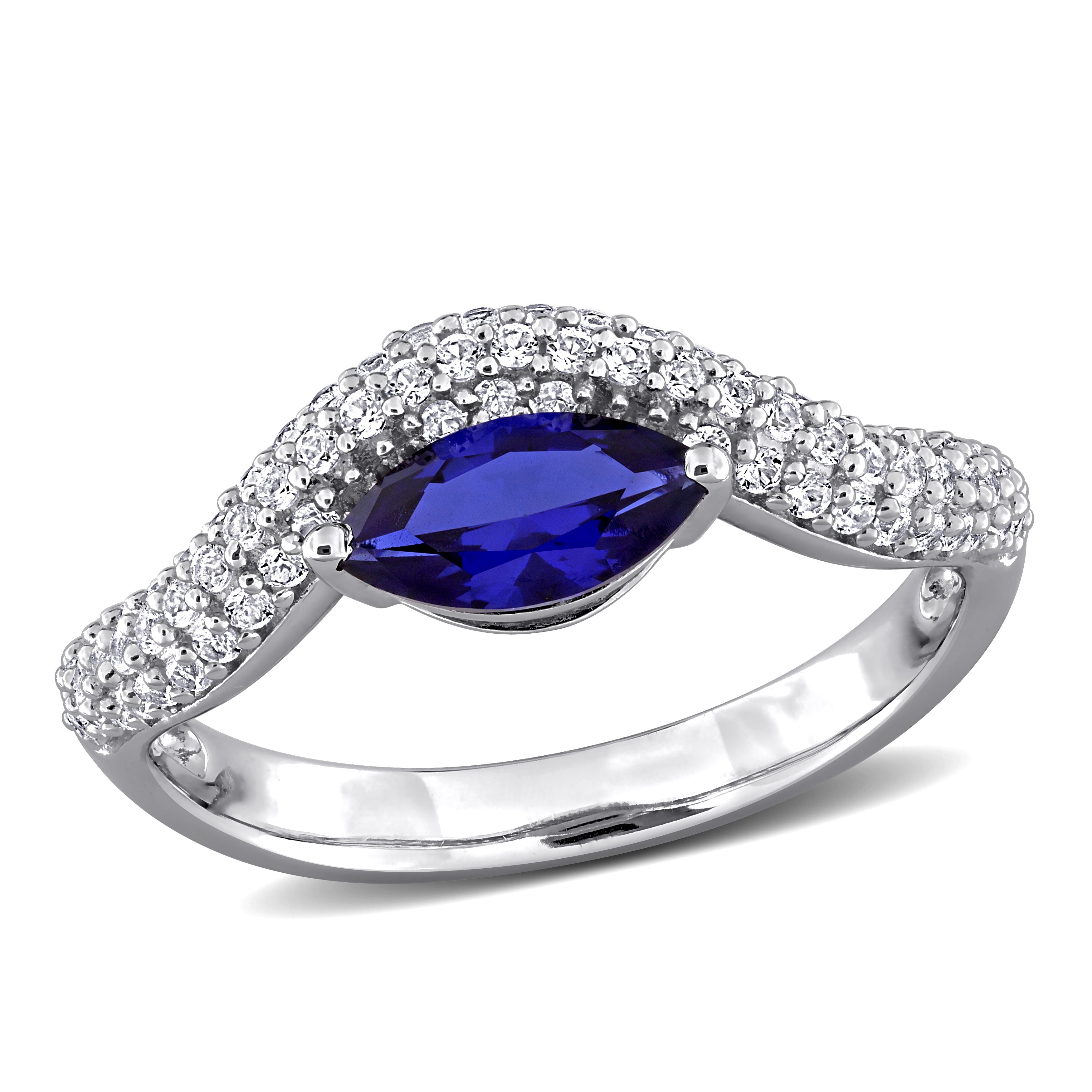 Blue sapphire curved ring in sterling silver with white sapphires, front view by Lord & Taylor