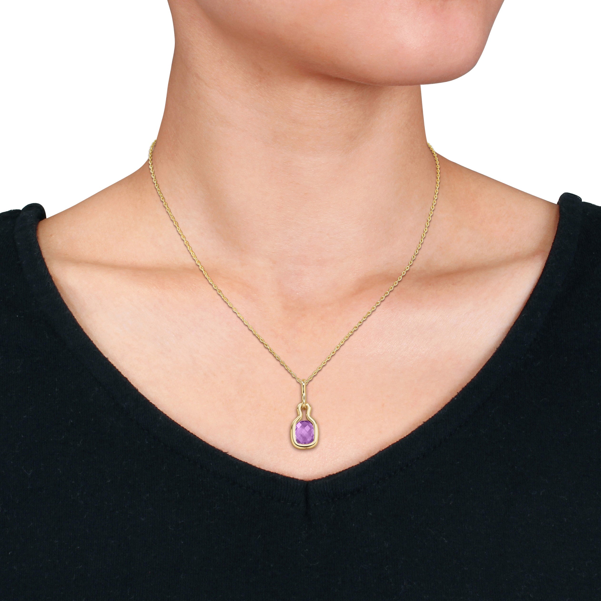 Yellow-plated sterling silver amethyst pendant necklace with cable chain, side angle by Lord & Taylor