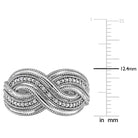 Sterling silver diamond infinity ring, close-up of round diamond setting