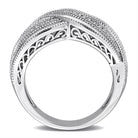 Sterling silver diamond infinity ring, diagonal view showing polish finish
