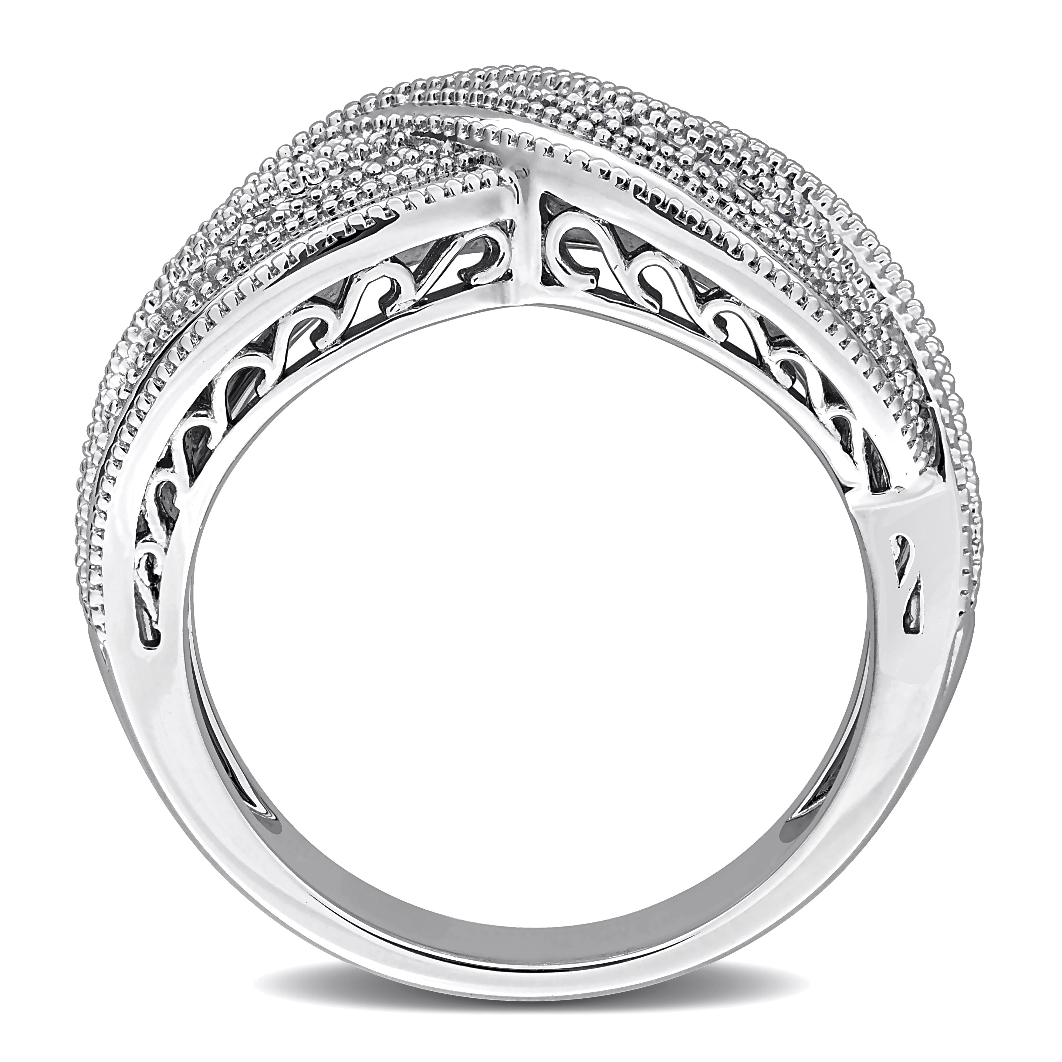 Sterling silver diamond infinity ring, diagonal view showing polish finish