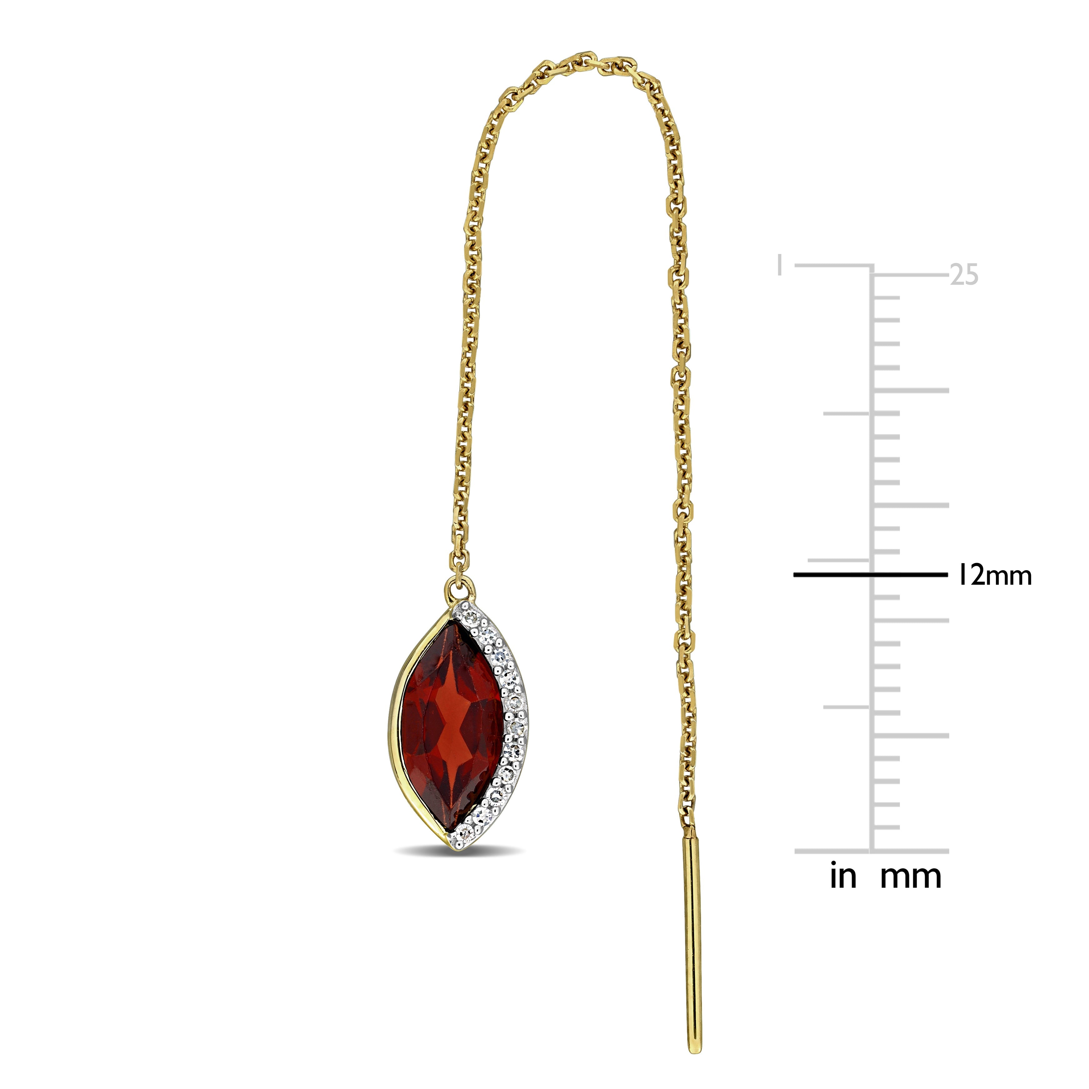 Garnet threader earring close-up showing marquise gemstone and round diamond detail