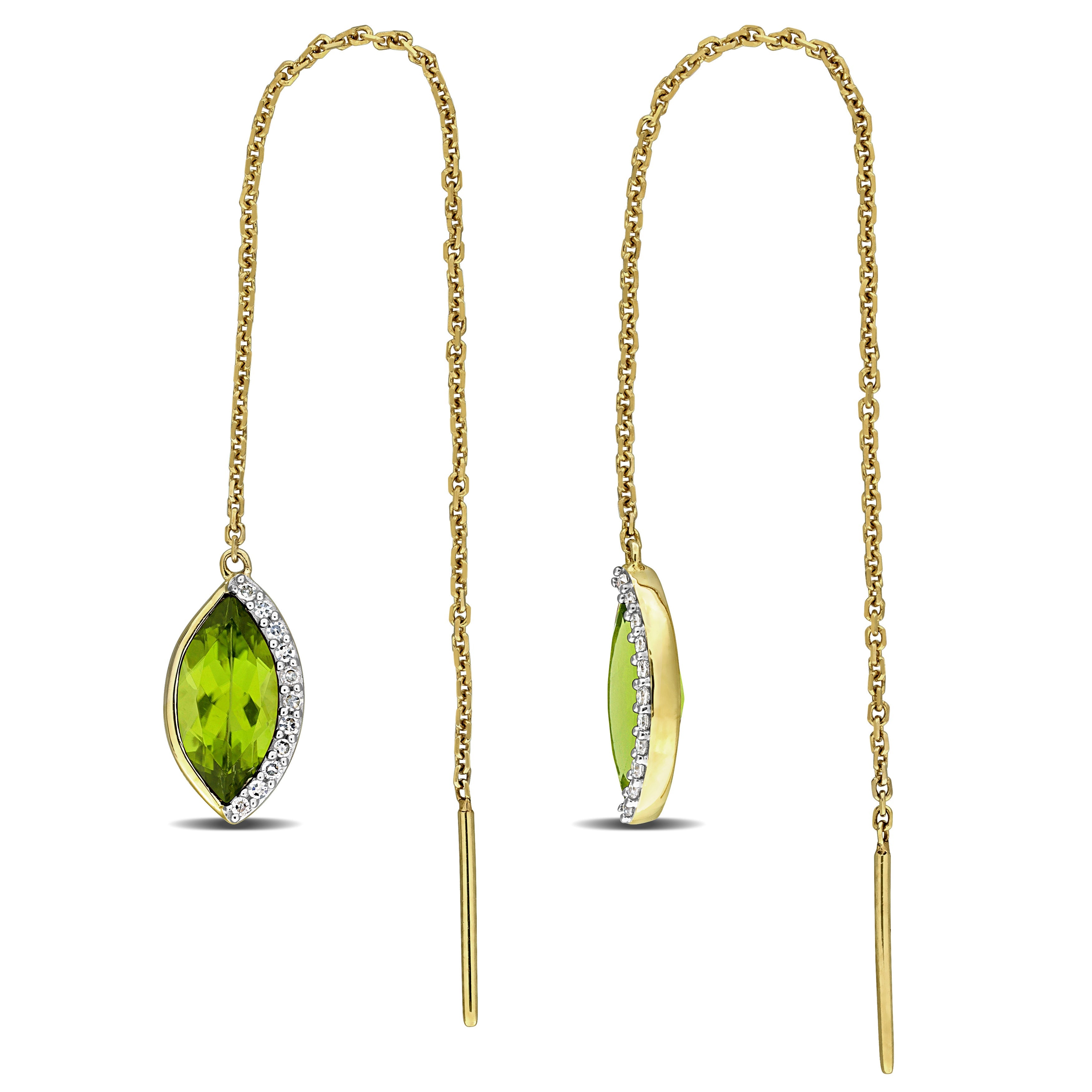 Green peridot threader earrings with diamonds in 14k yellow gold by Lord & Taylor