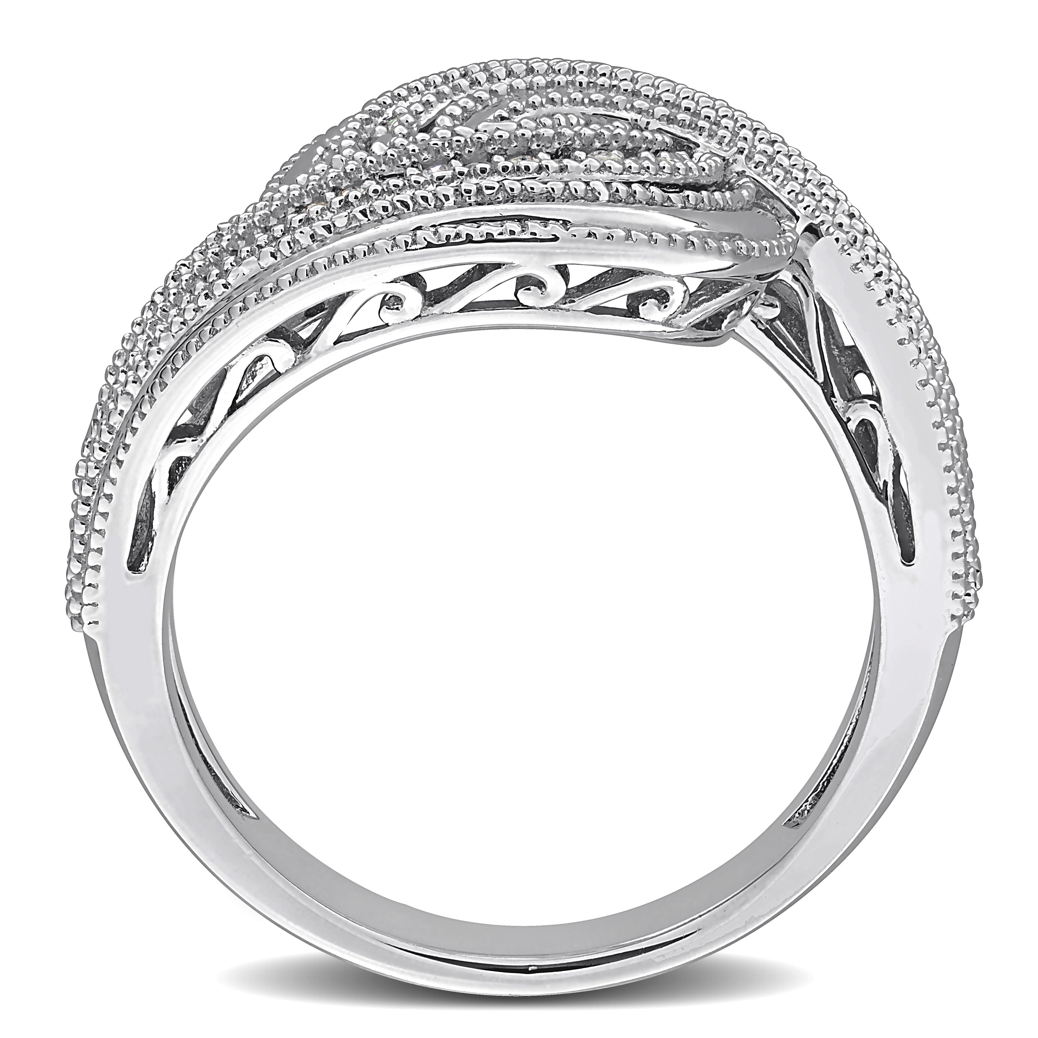 Sterling silver diamond swirl ring, side profile view by Lord & Taylor
