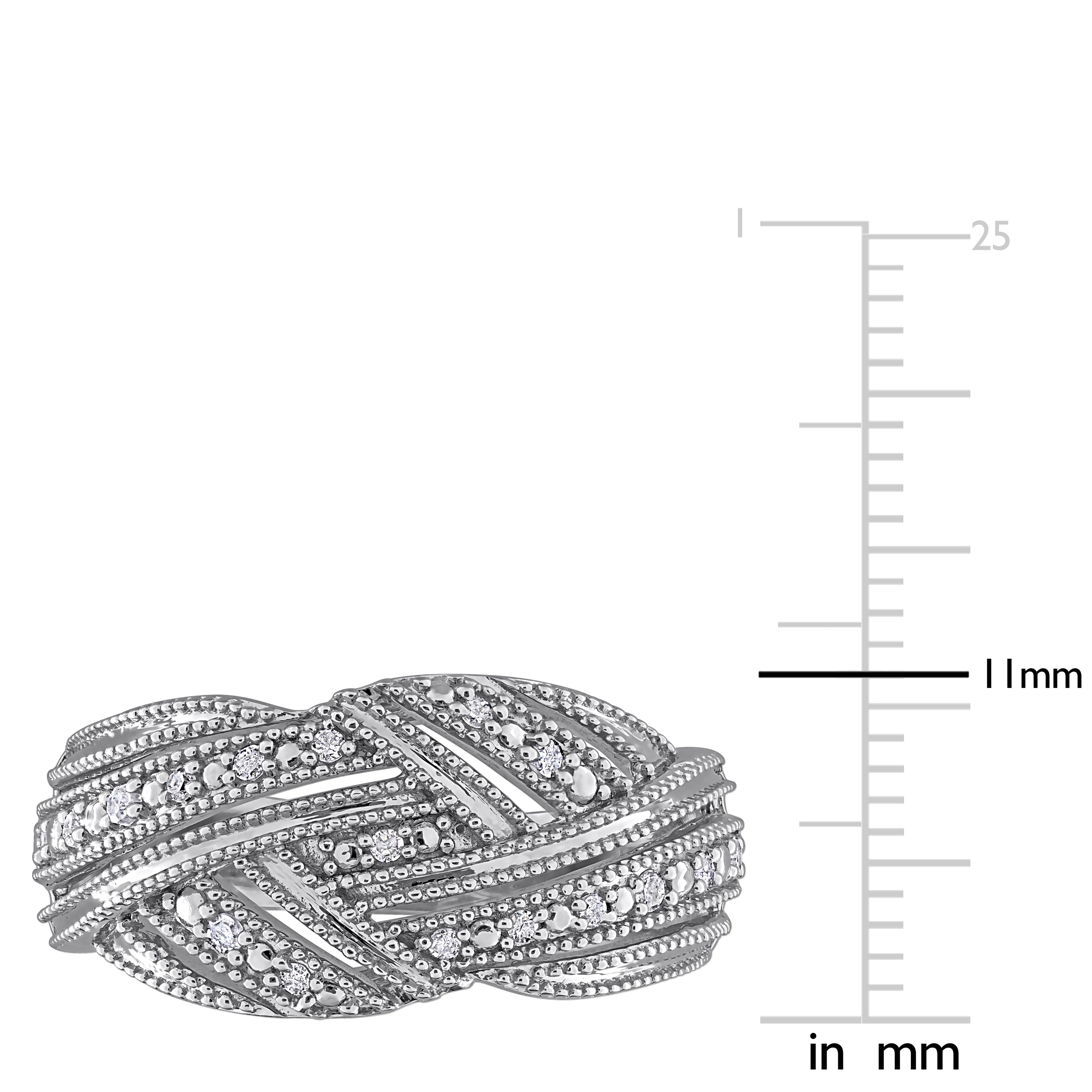Sterling silver diamond crossover ring, close-up of round diamond settings by Lord & Taylor