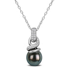 Black Tahitian pearl pendant necklace in sterling silver with diamond accents, front view by Lord & Taylor