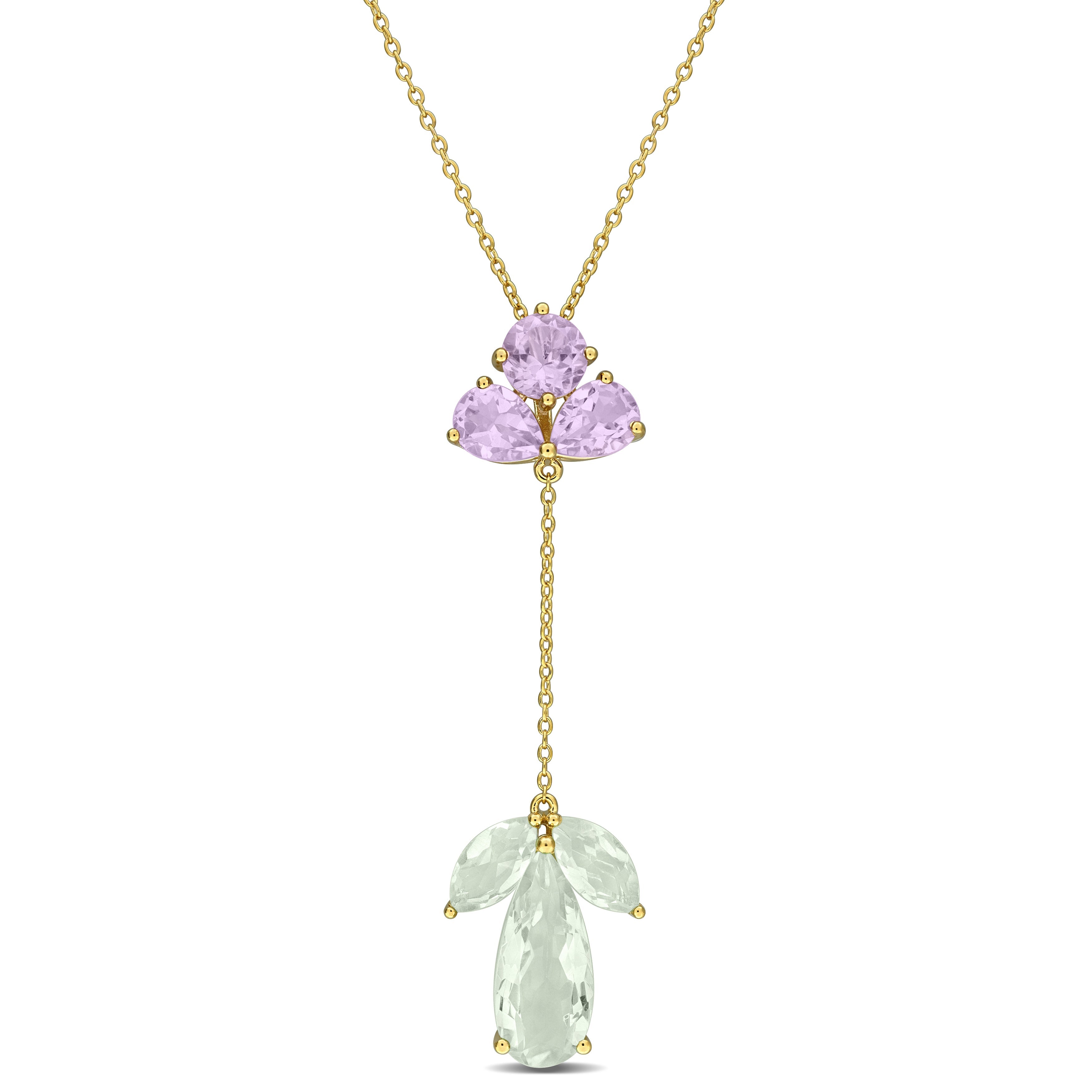 Yellow gold plated quartz floral pendant necklace with green and pink gemstones, front view by Lord & Taylor