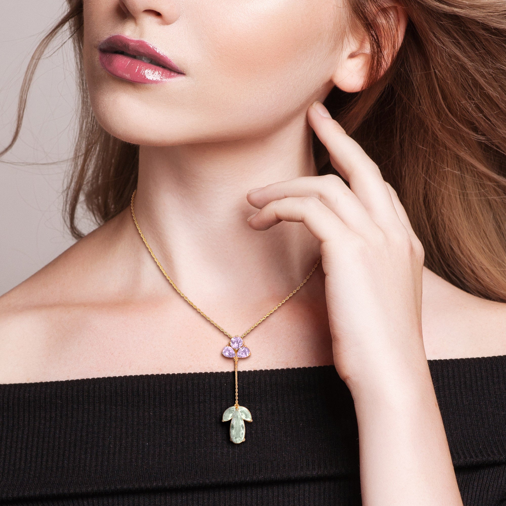 Yellow gold plated quartz pendant necklace worn, lifestyle view by Lord & Taylor