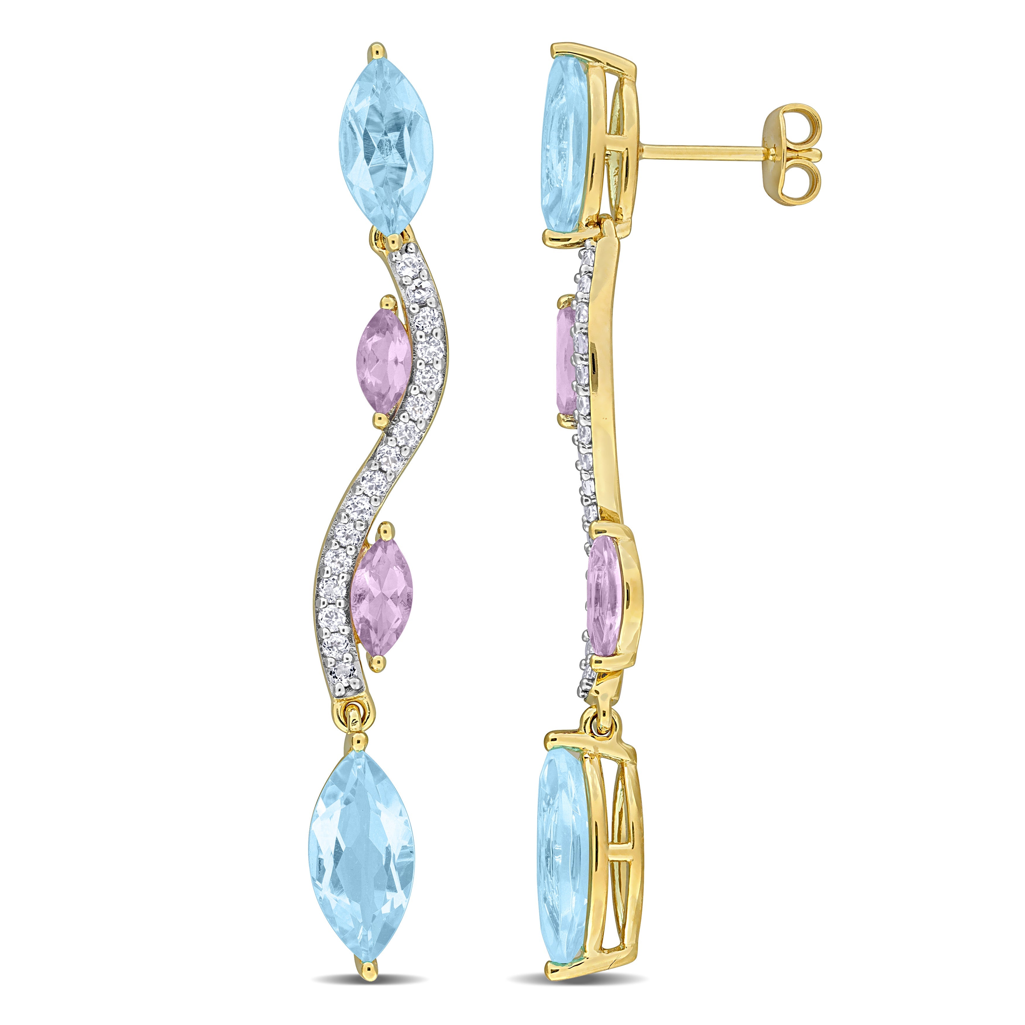 Yellow-plated silver drop earrings with blue topaz, pink amethyst, and white topaz, front view by Lord & Taylor