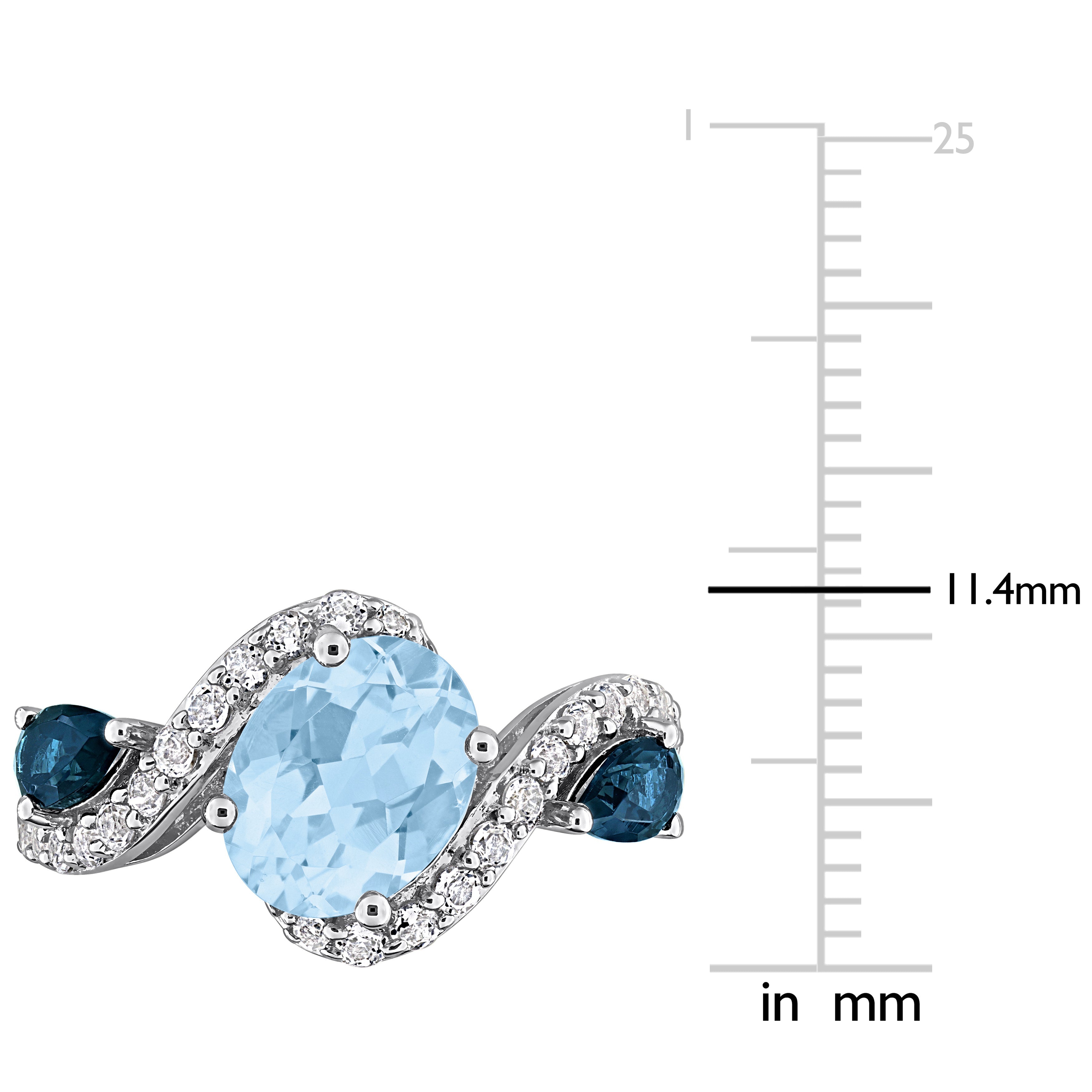 Blue topaz three-stone ring detail showing oval and pear cut gemstones by Lord & Taylor
