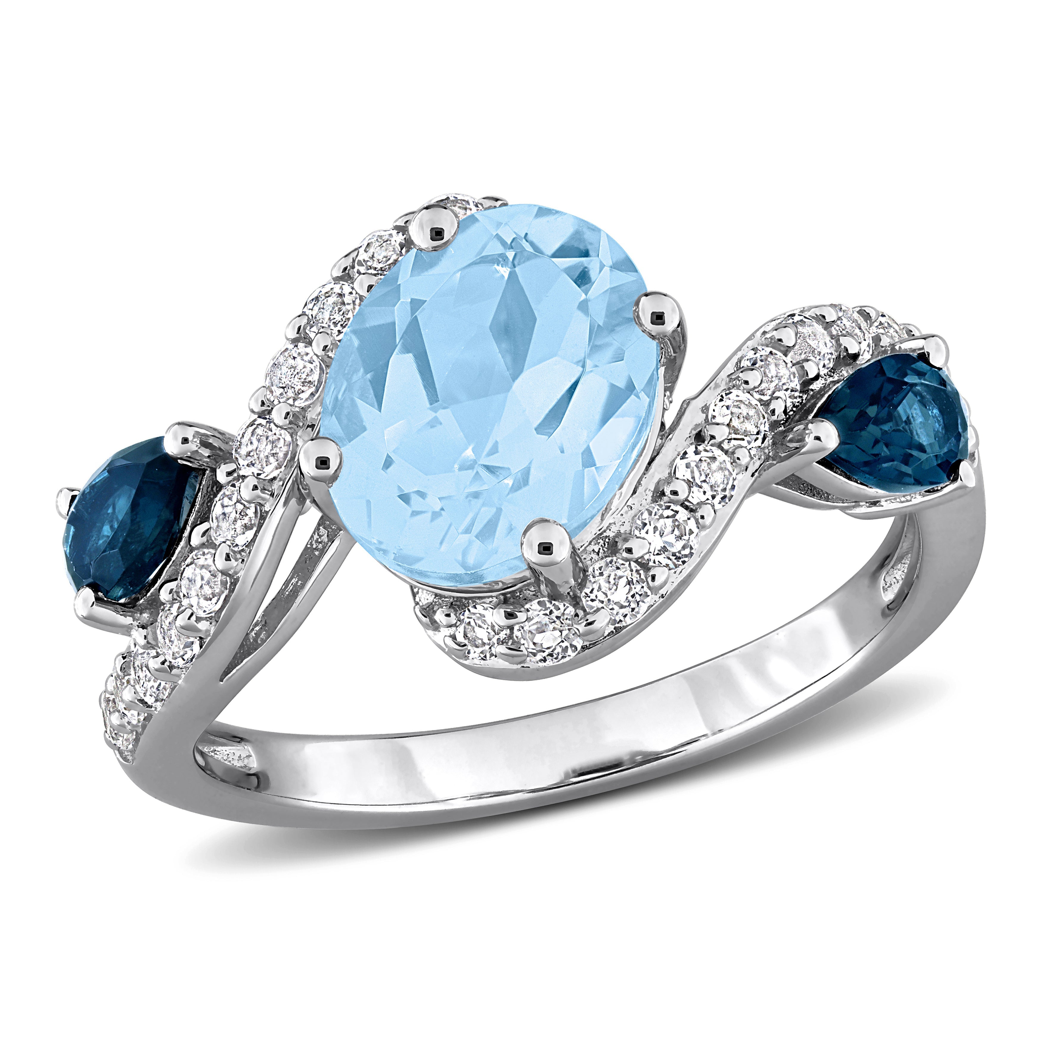 Blue topaz three-stone swirl ring in sterling silver, front view by Lord & Taylor