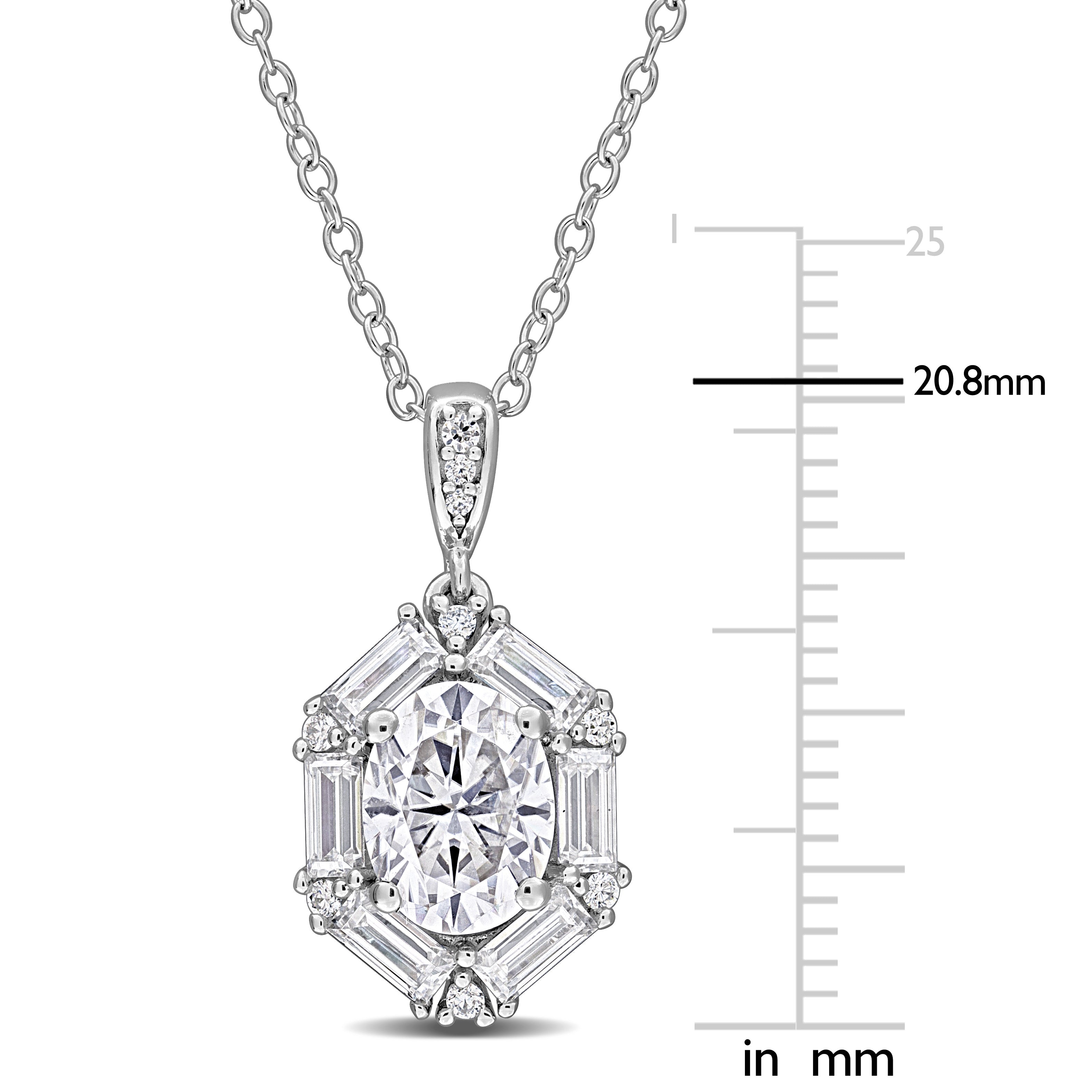 Sterling silver drop pendant with created moissanite stones, close-up of setting
