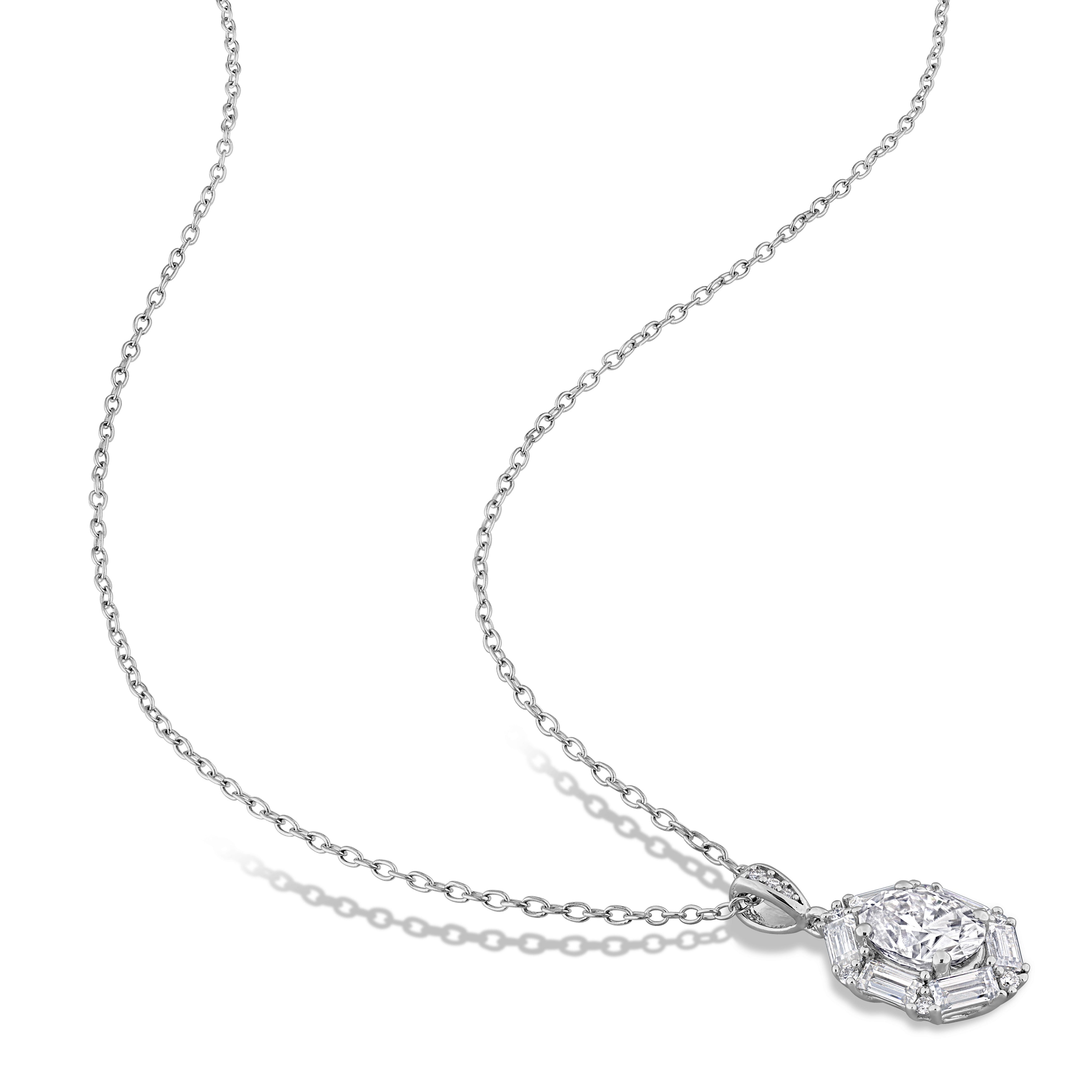 Lord & Taylor moissanite pendant necklace with oval, baguette, and round stones, detail view