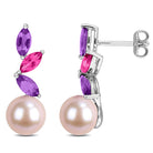 Sterling silver drop earrings with pink pearls and marquise gemstones, product view