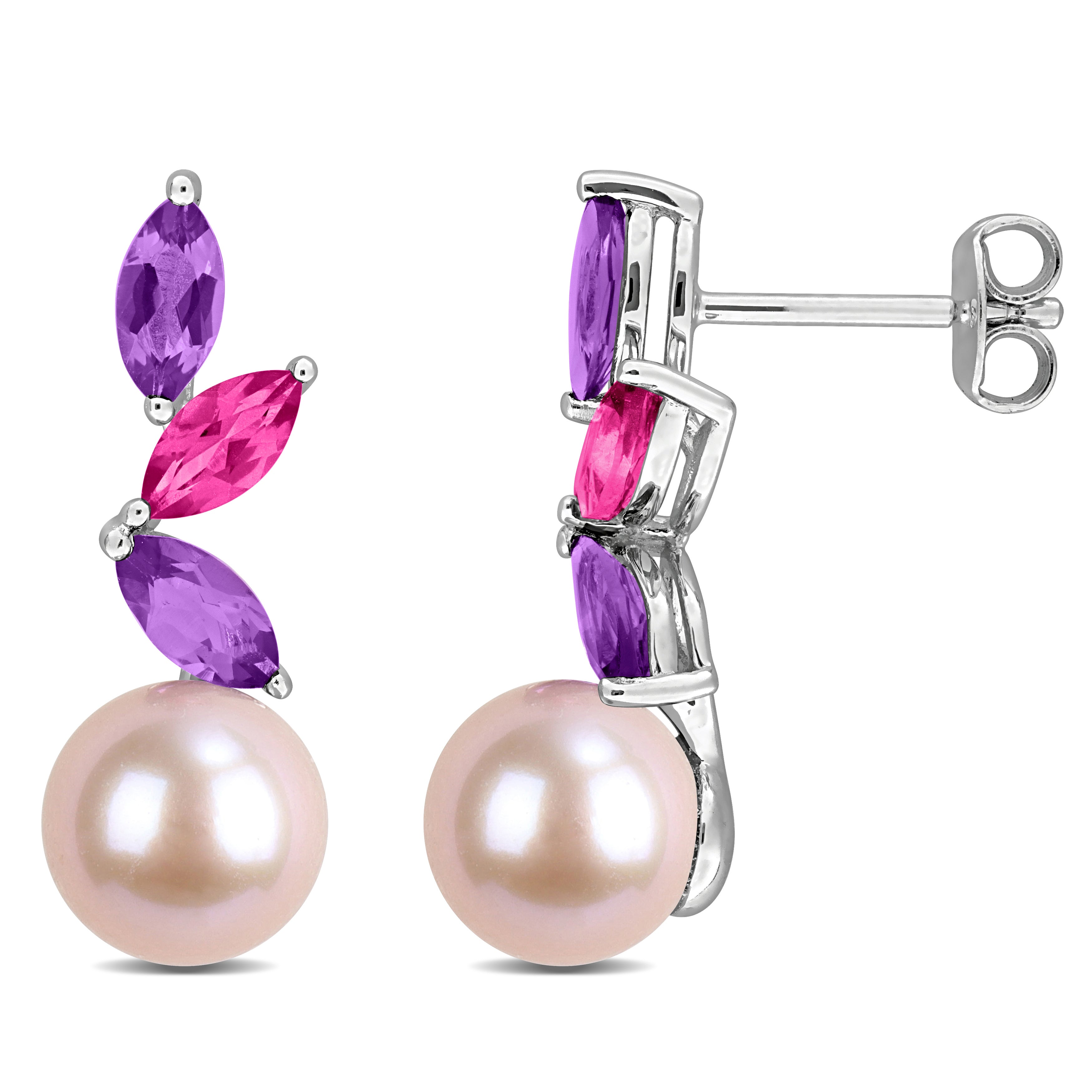 Sterling silver drop earrings with pink pearls and marquise gemstones, product view
