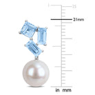 Blue topaz and pearl cluster earrings showing square and baguette cut gemstones