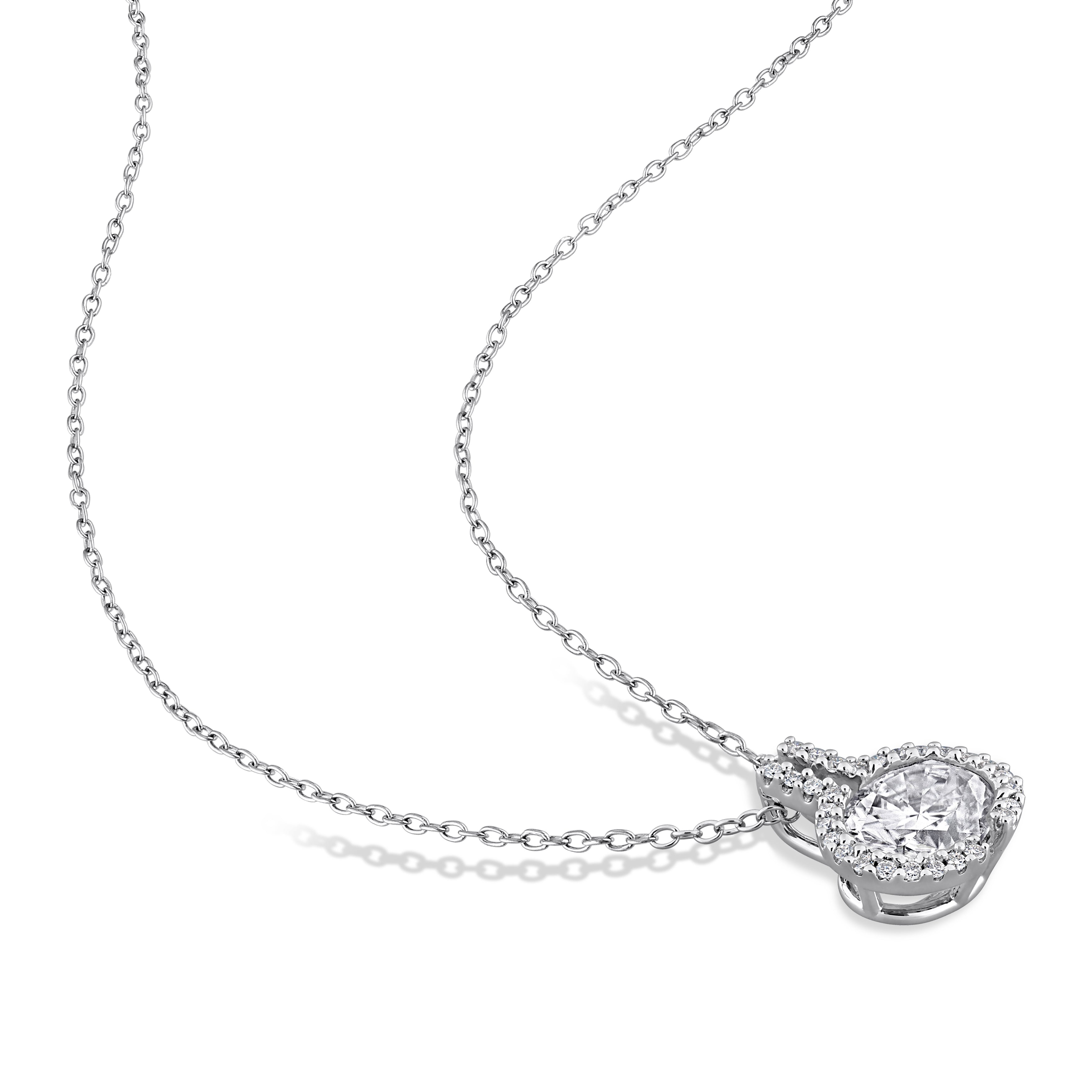 Lord & Taylor moissanite pendant necklace, detail of oval center stone and round halo