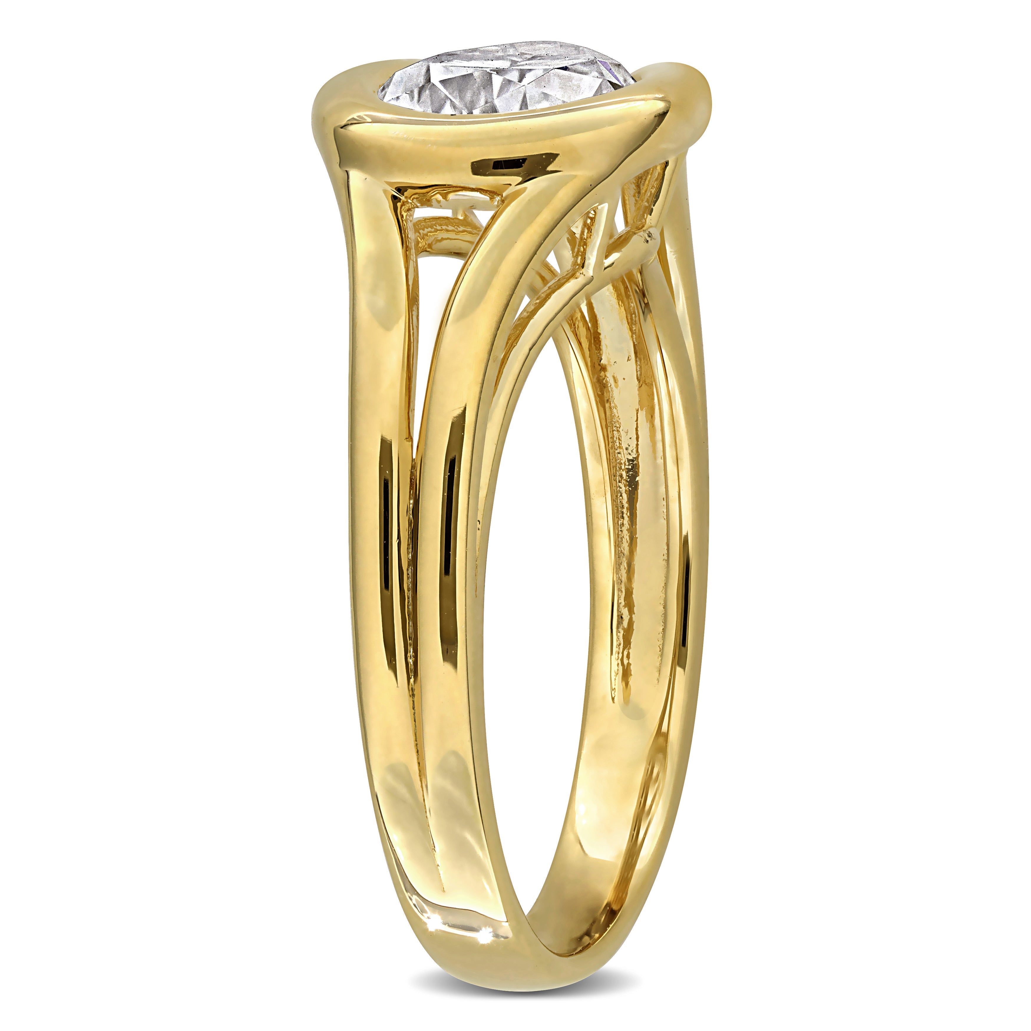 Yellow gold plated moissanite solitaire ring, back view showing band by Lord & Taylor