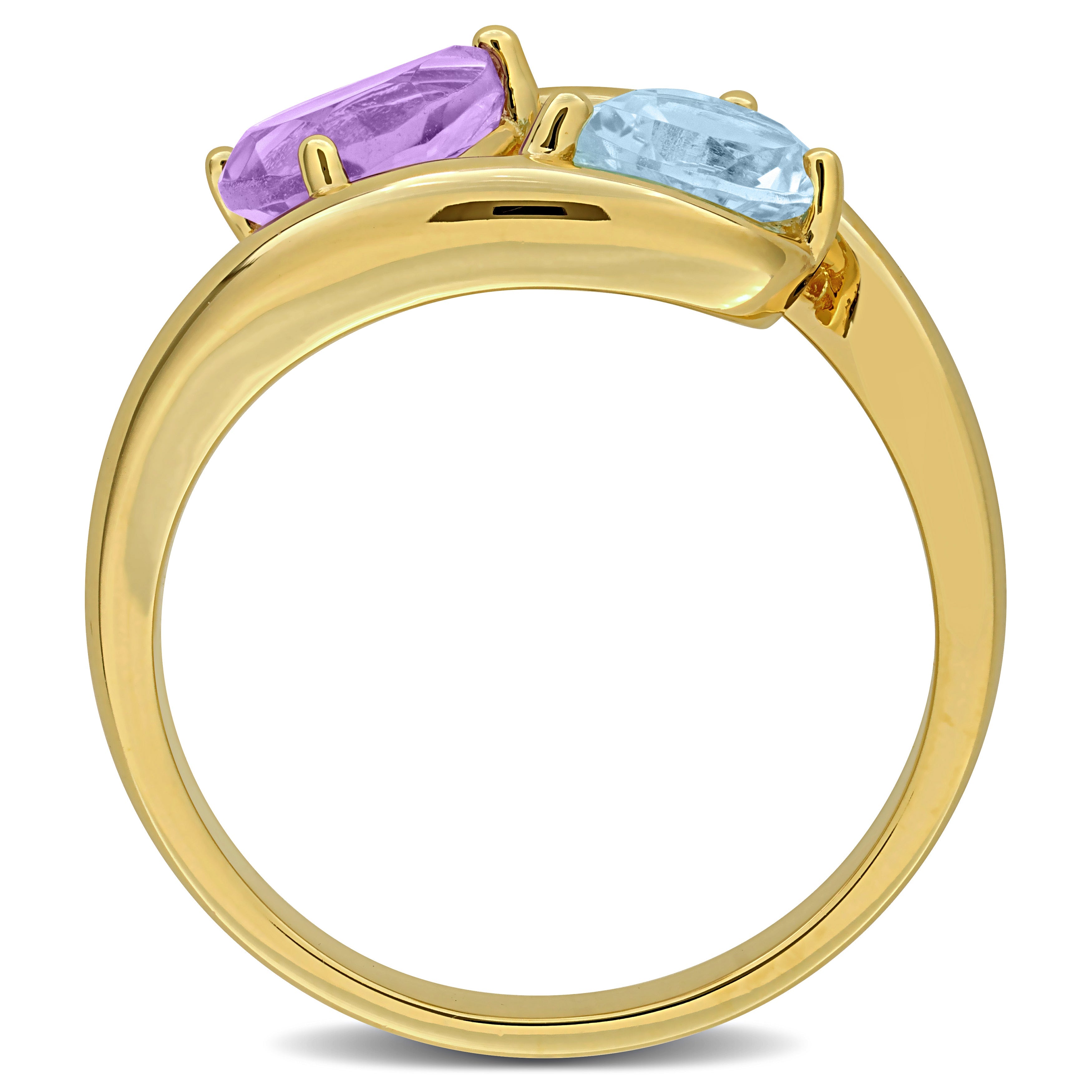 Pear-shaped amethyst and blue topaz ring, diagonal overhead view