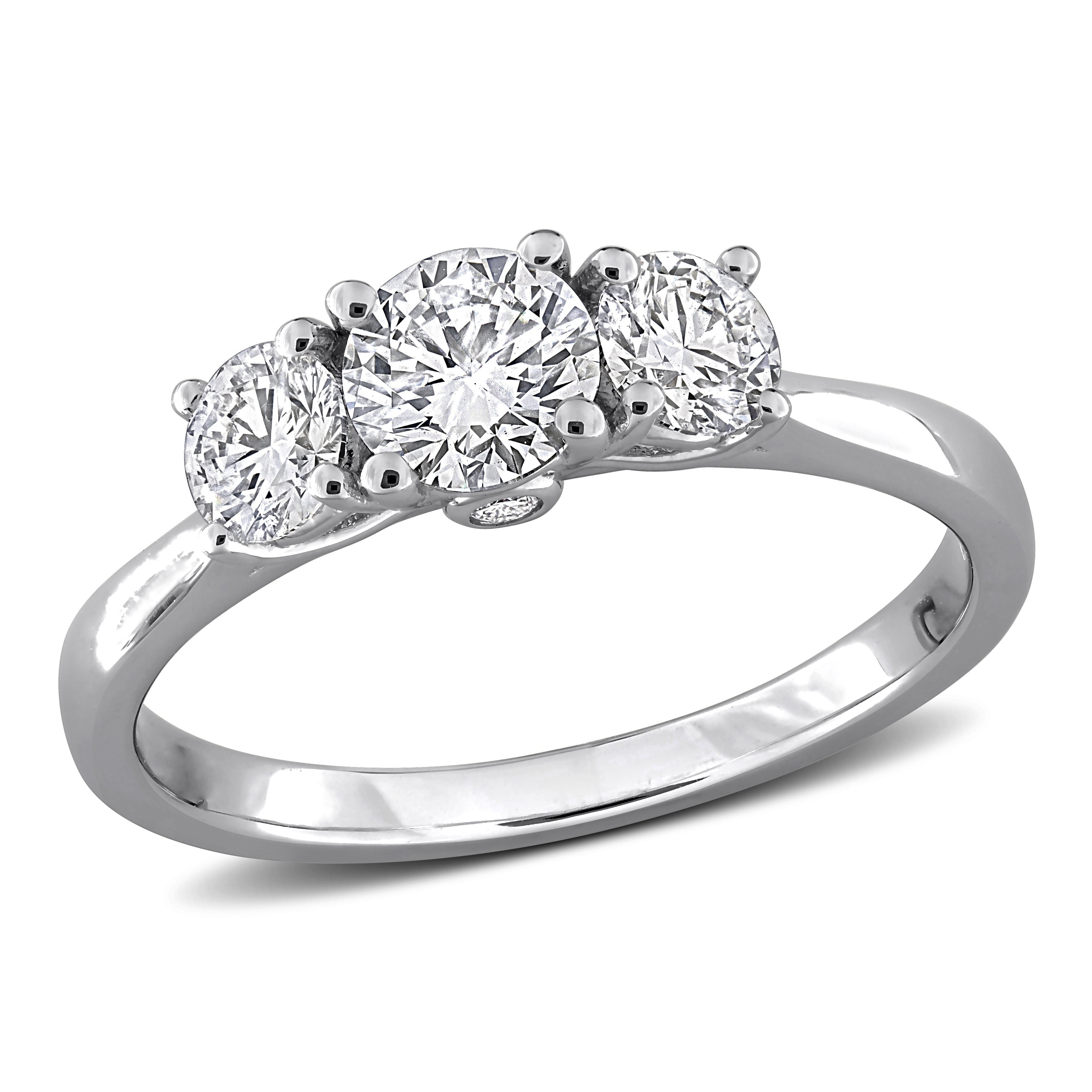 Sterling silver three-stone engagement ring with lab-grown diamonds, front view by Lord & Taylor