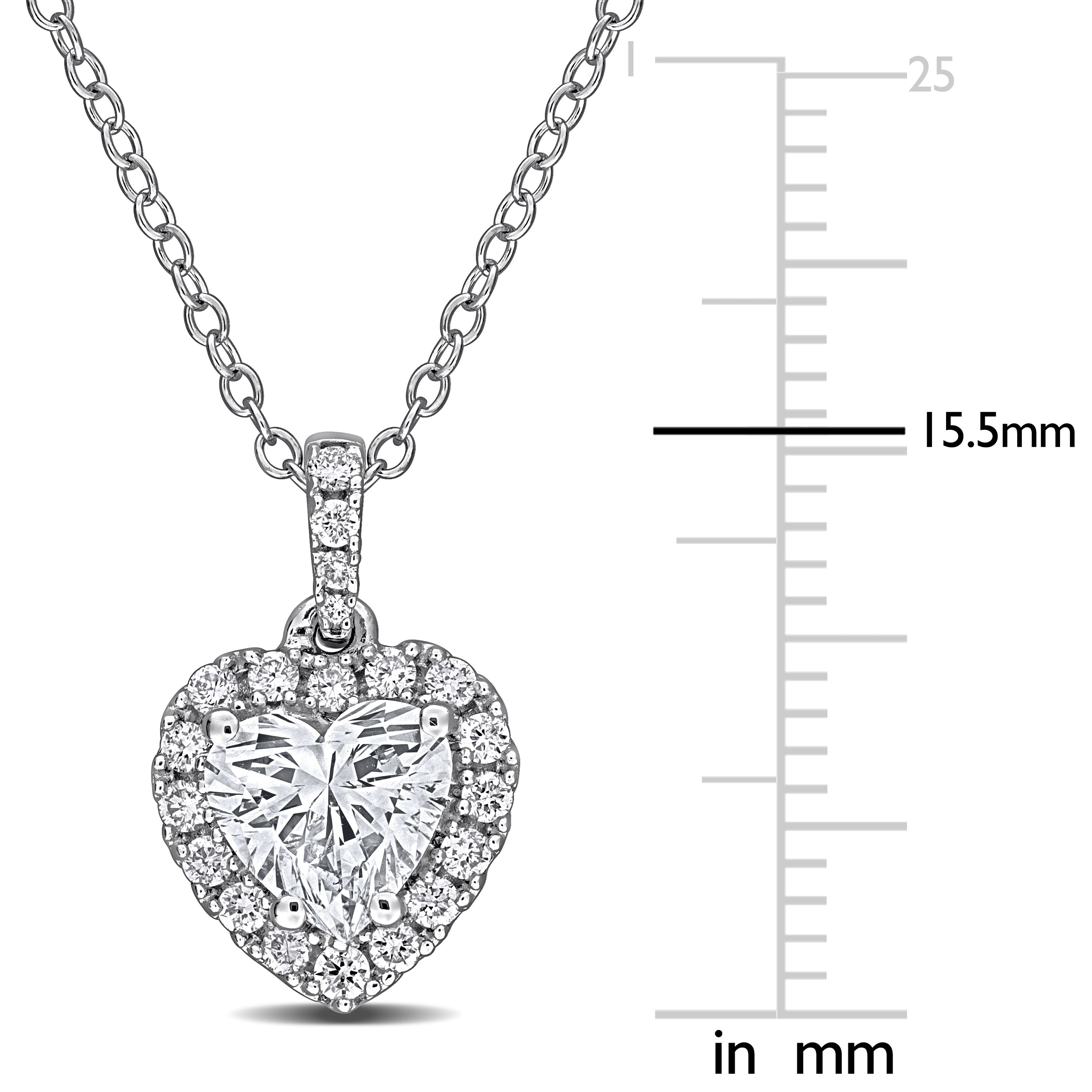 Sterling silver heart pendant with round-cut diamond halo by Lord & Taylor, close-up view