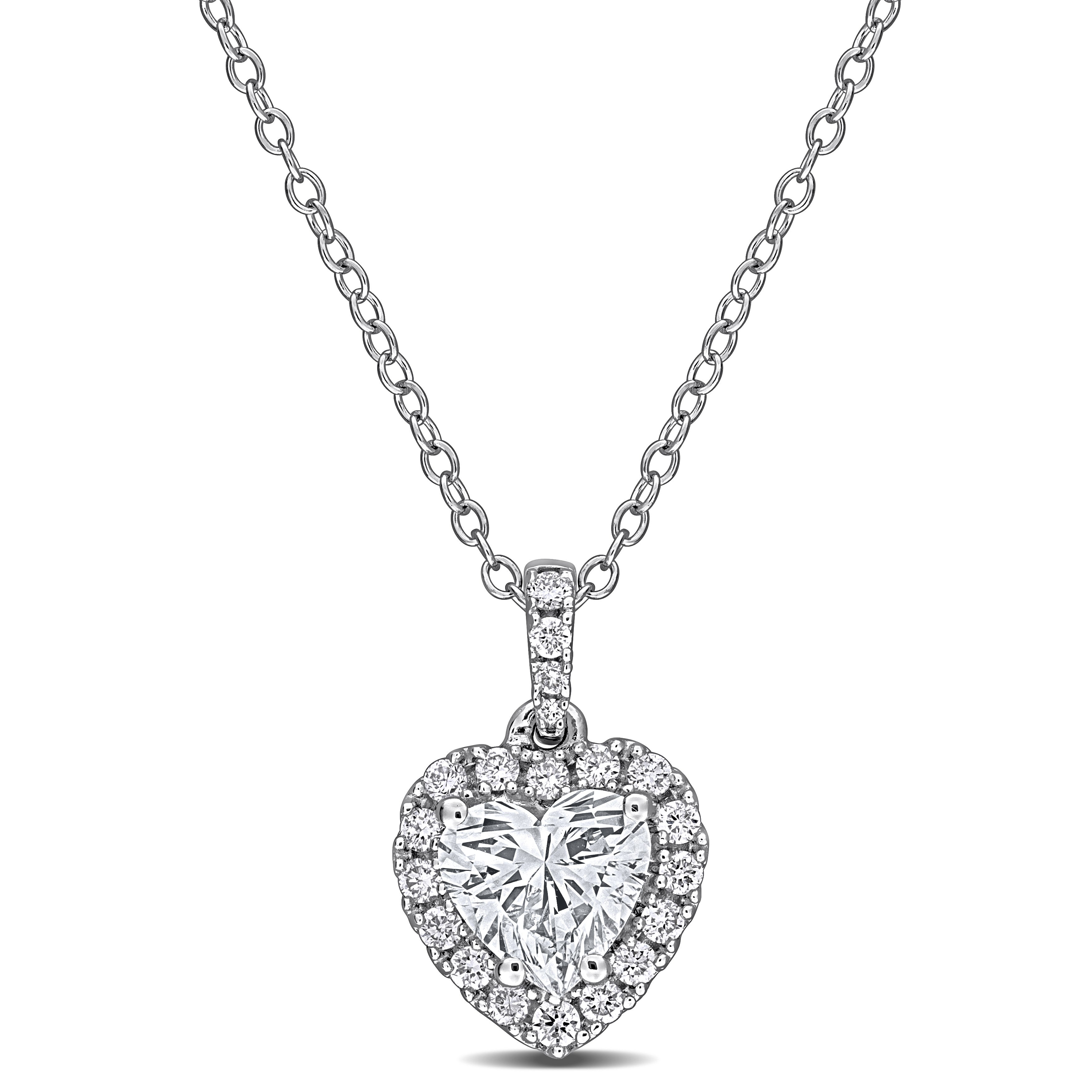 Sterling silver heart-shaped lab-grown diamond pendant with halo by Lord & Taylor, front view