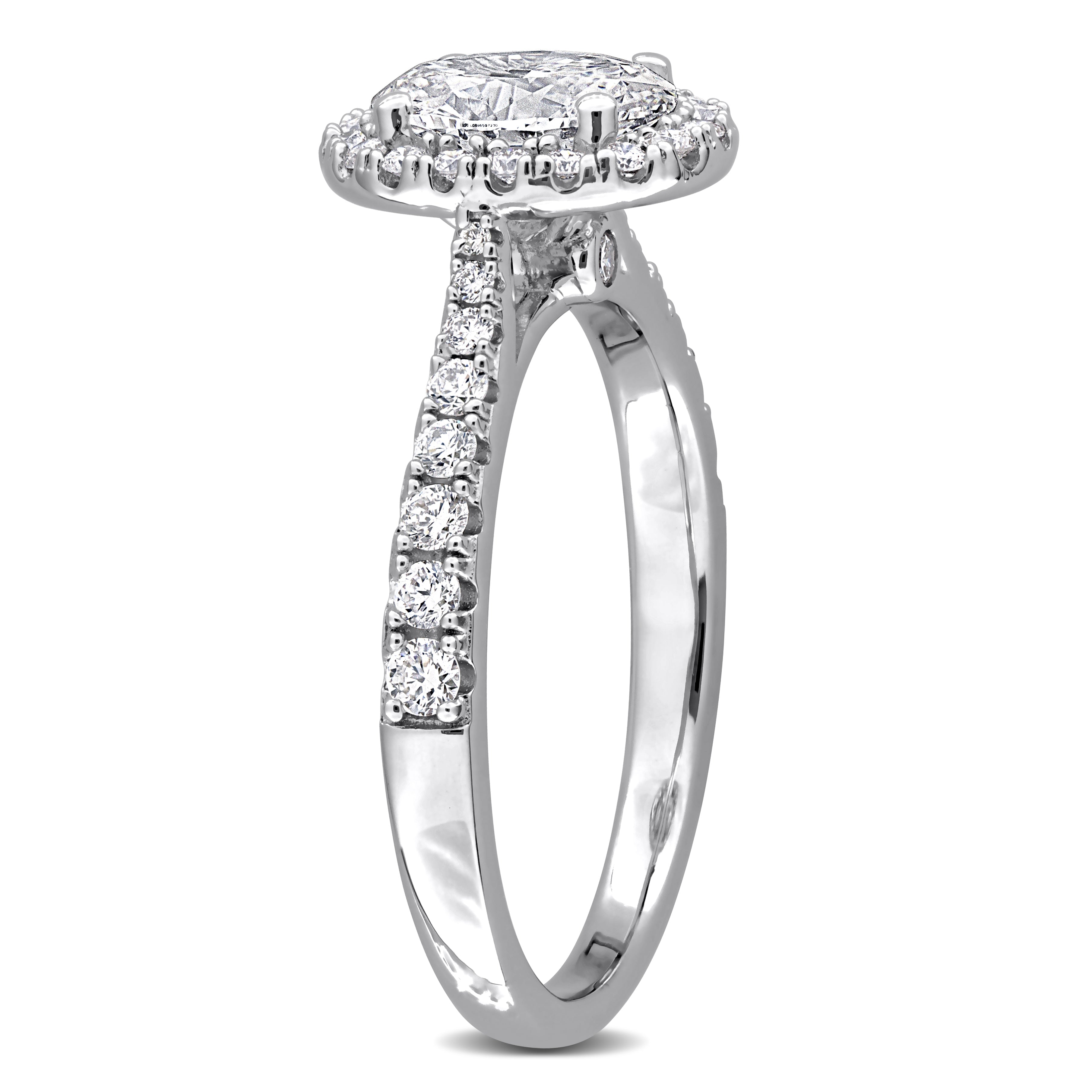 Sterling silver oval halo engagement ring with lab-grown diamonds, side profile view