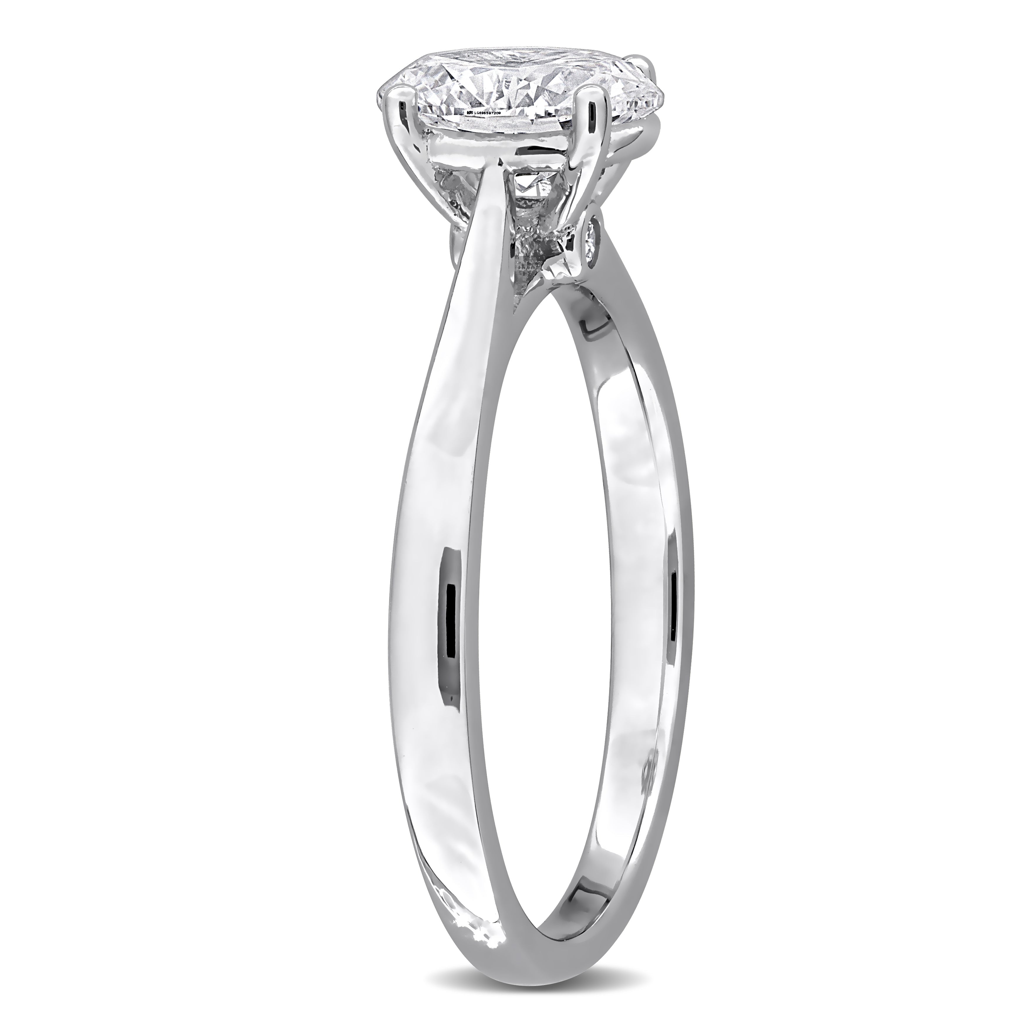Sterling silver oval lab-grown diamond engagement ring by Delmar, side profile