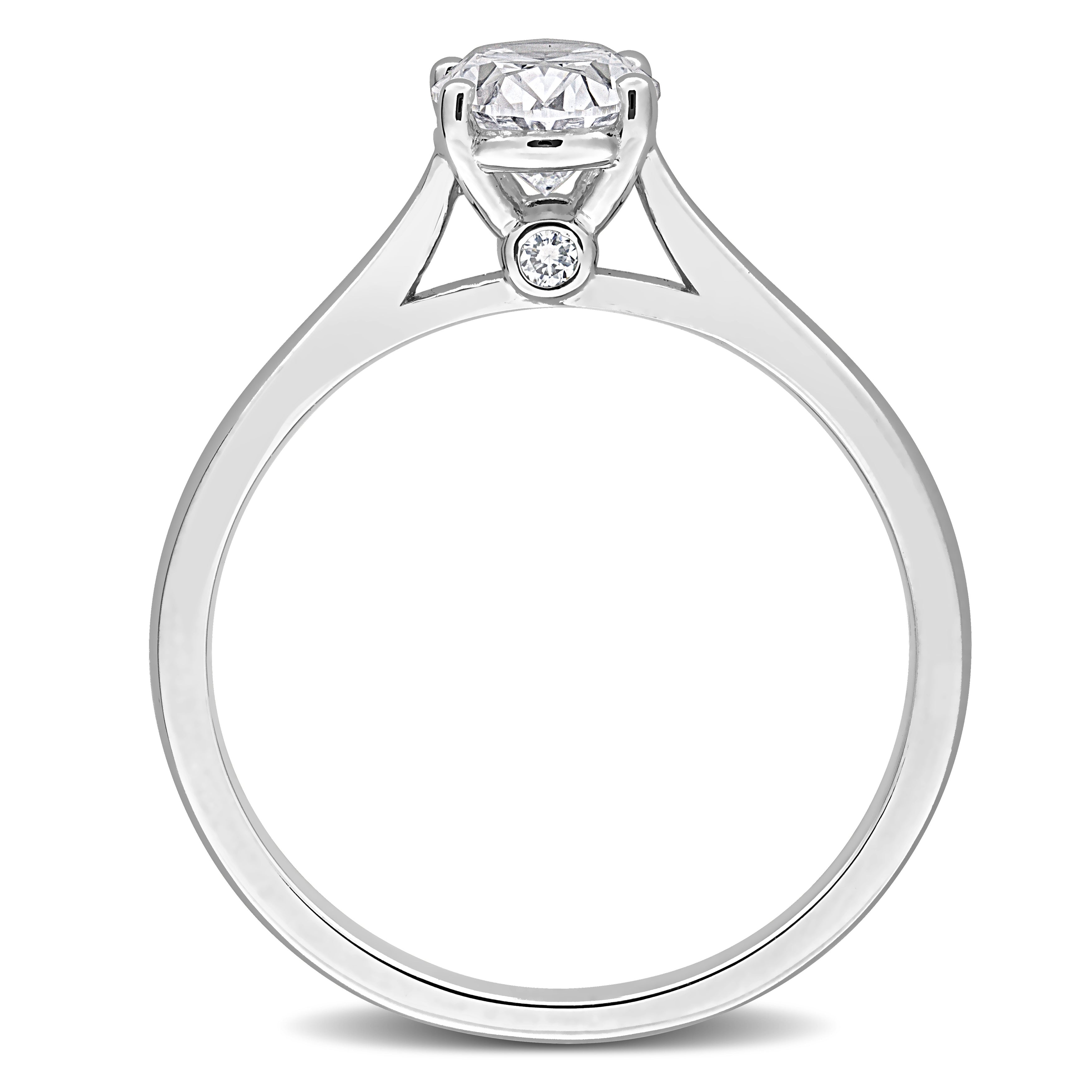Sterling silver oval lab-grown diamond engagement ring by Delmar, angled view