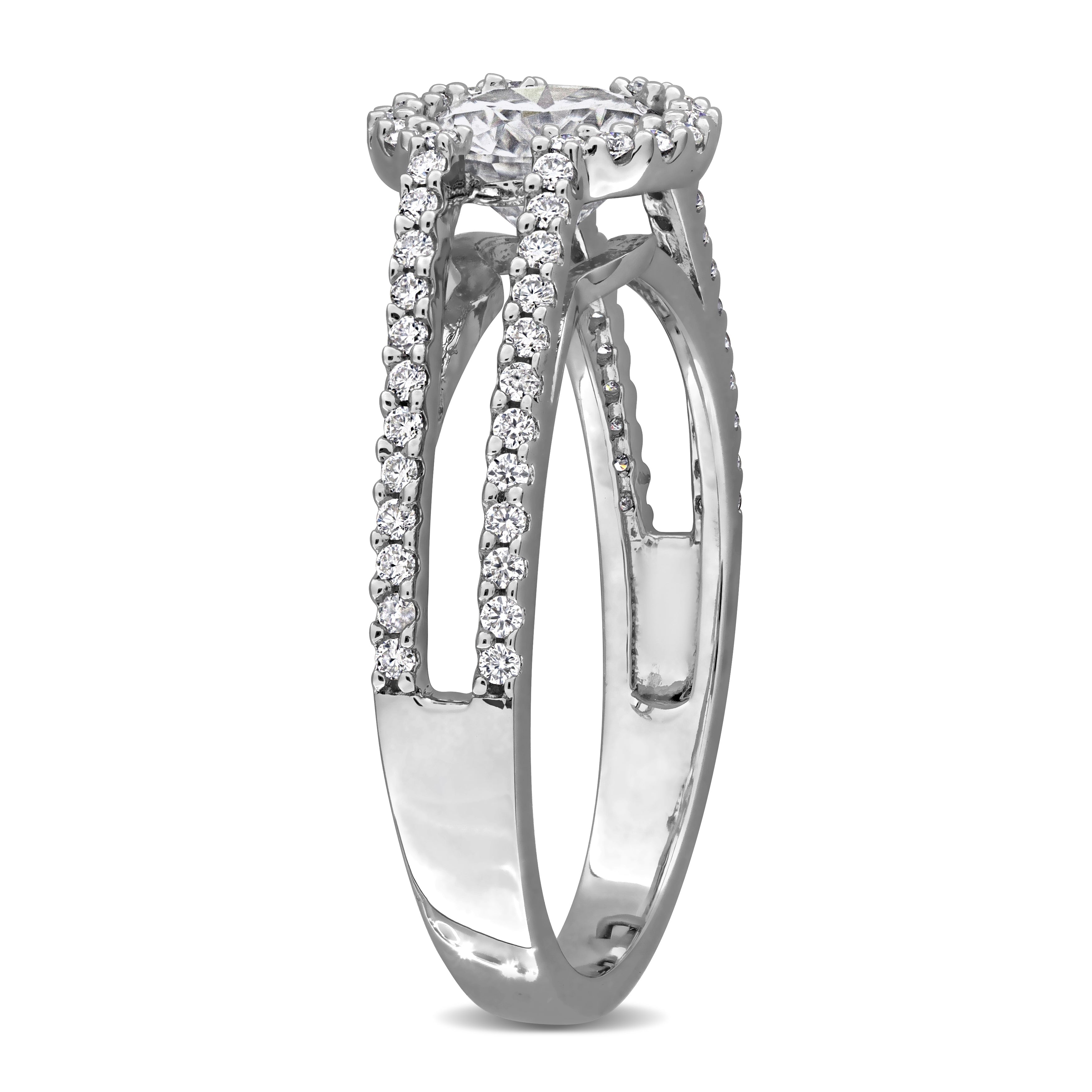 Sterling silver moissanite ring with split shank design, back view