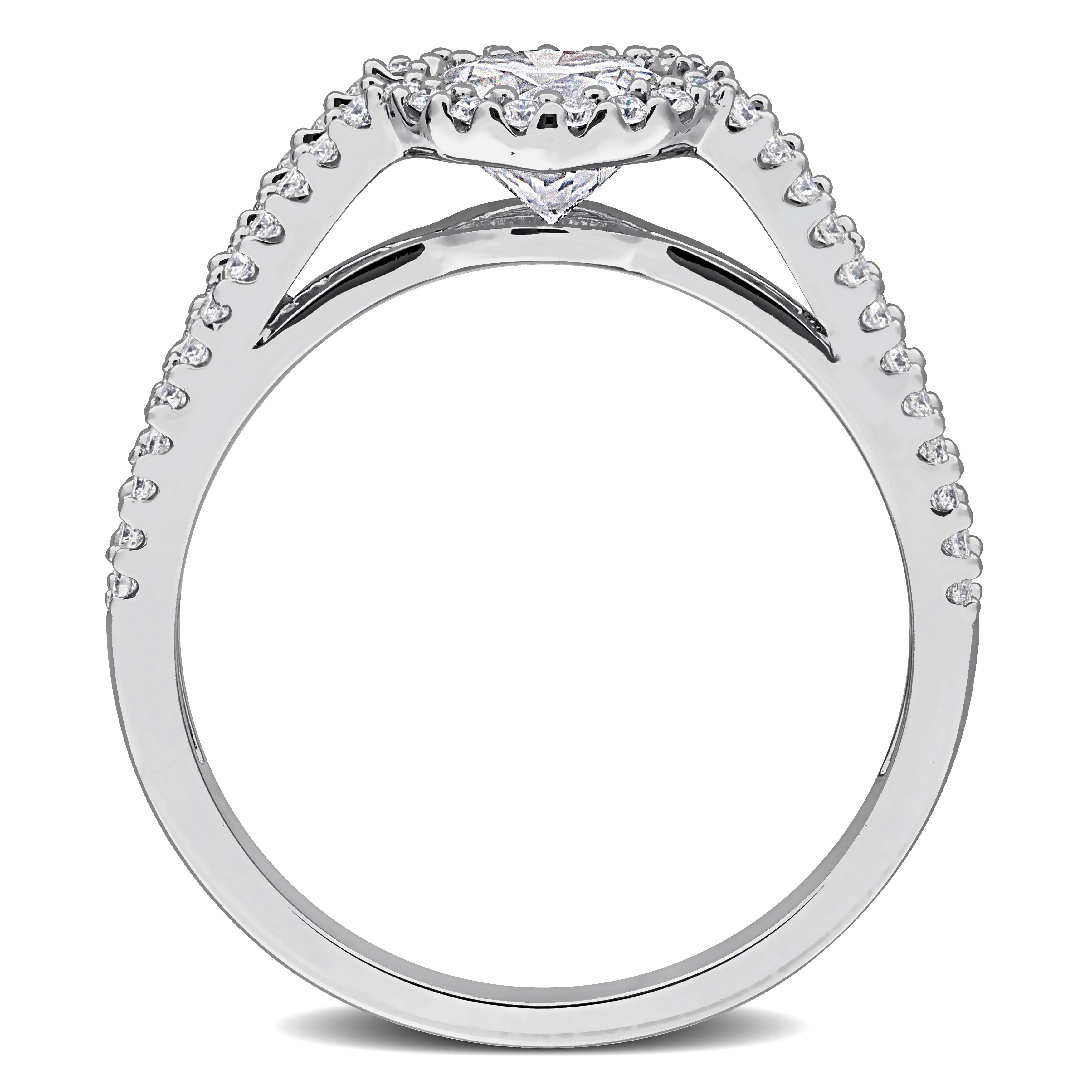 Lord & Taylor moissanite ring showing split shank detail, diagonal angle
