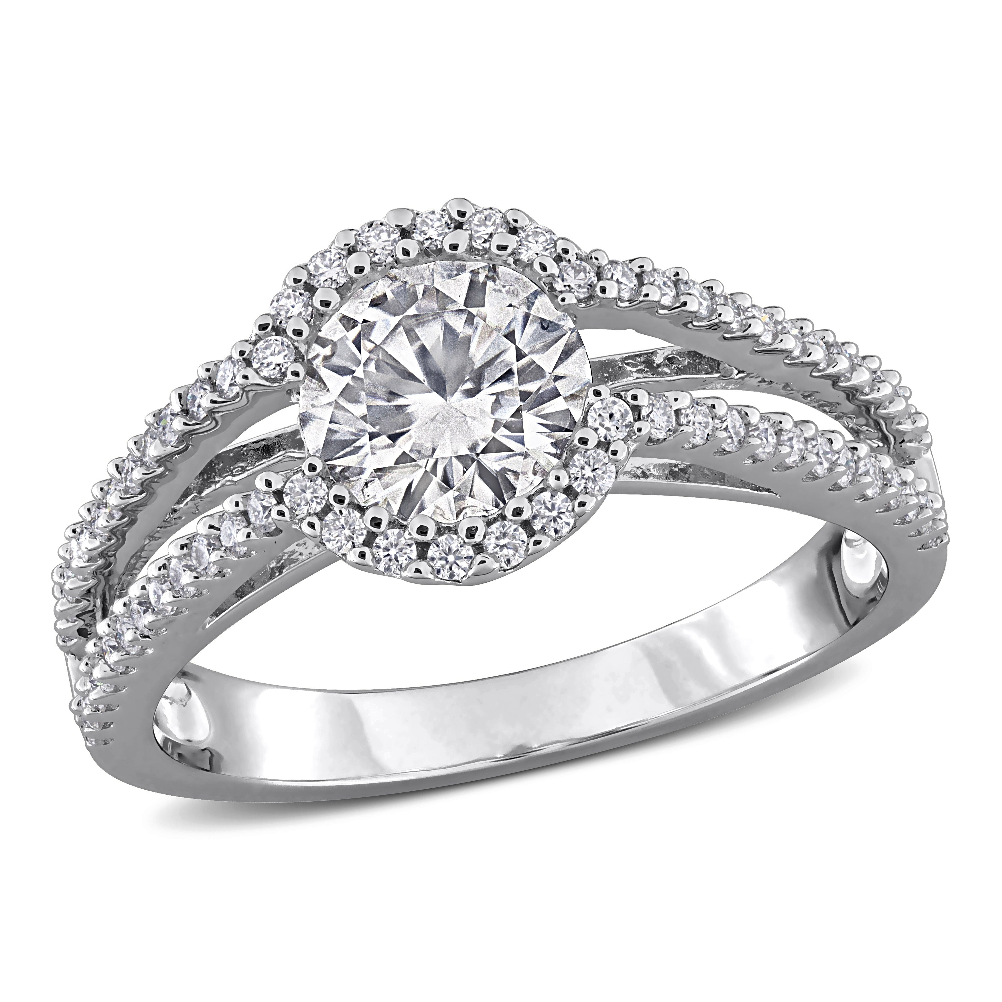 White moissanite split shank ring in sterling silver by Lord & Taylor, front view