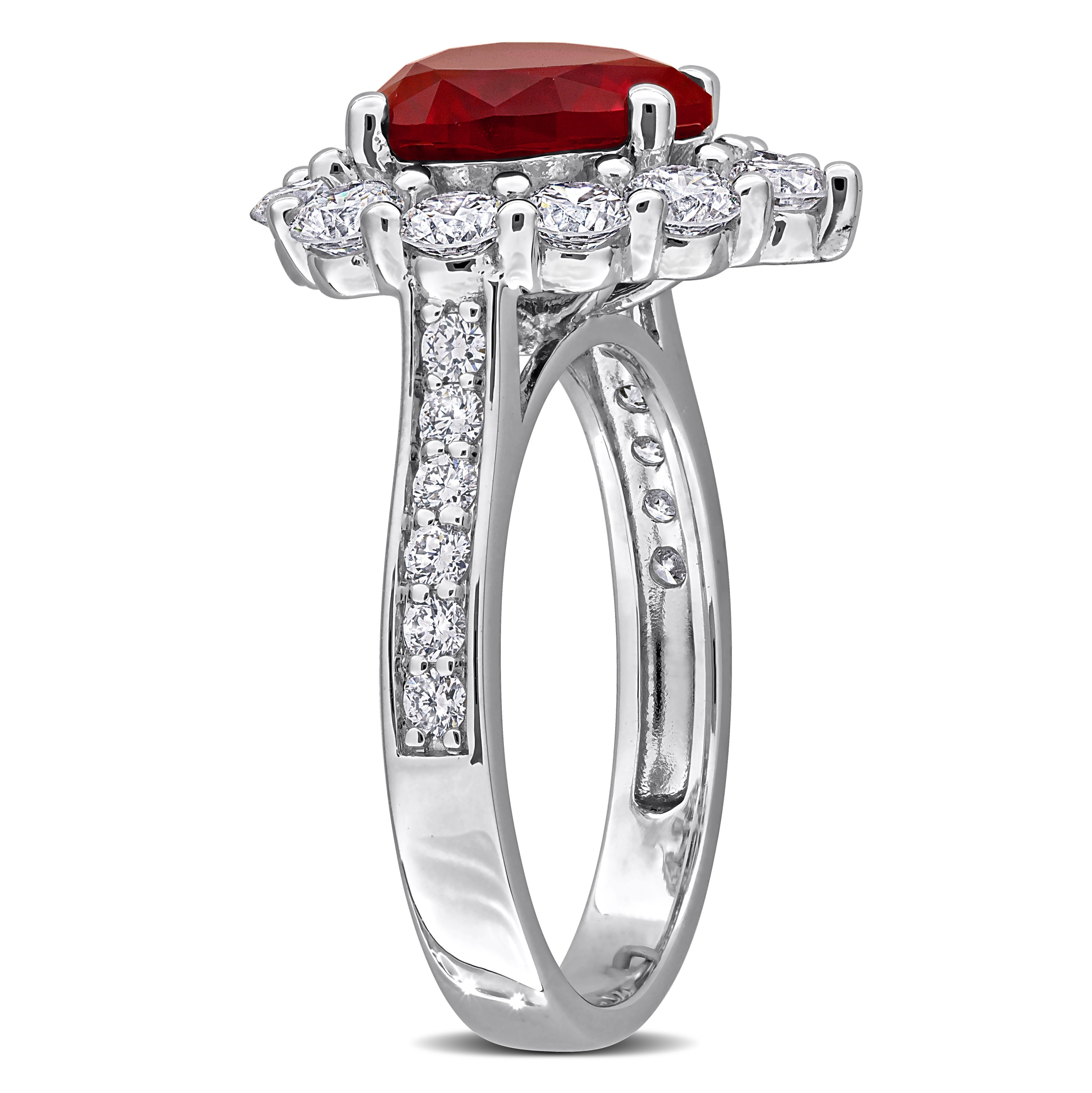 Red ruby heart halo ring in sterling silver, back view showing band