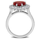 Red ruby heart halo ring in sterling silver, diagonal angle view
