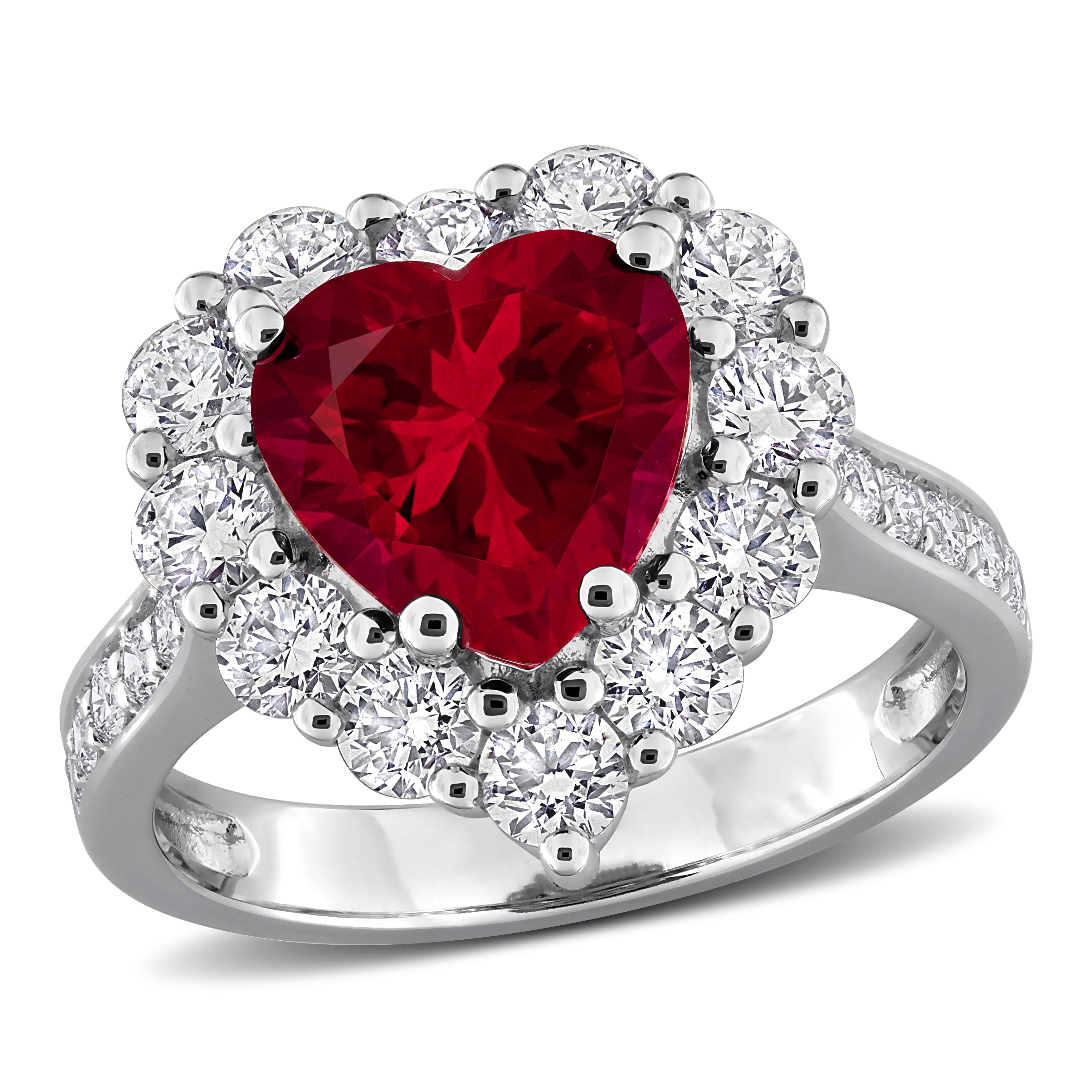 Red ruby heart halo ring in sterling silver by Lord & Taylor, front view