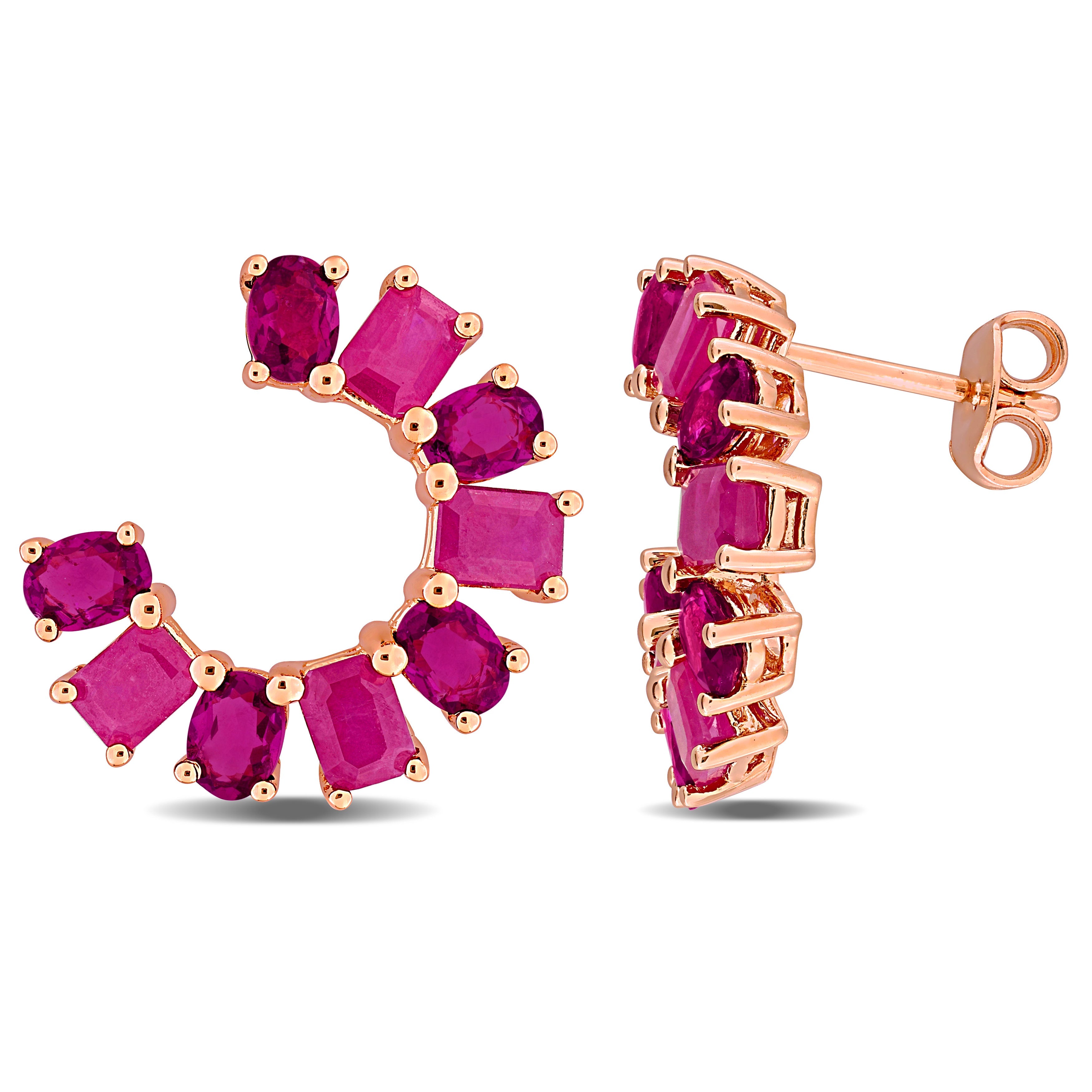 Rose-plated sterling silver curved drop earrings with rhodolite and ruby gemstones, front view by Lord & Taylor