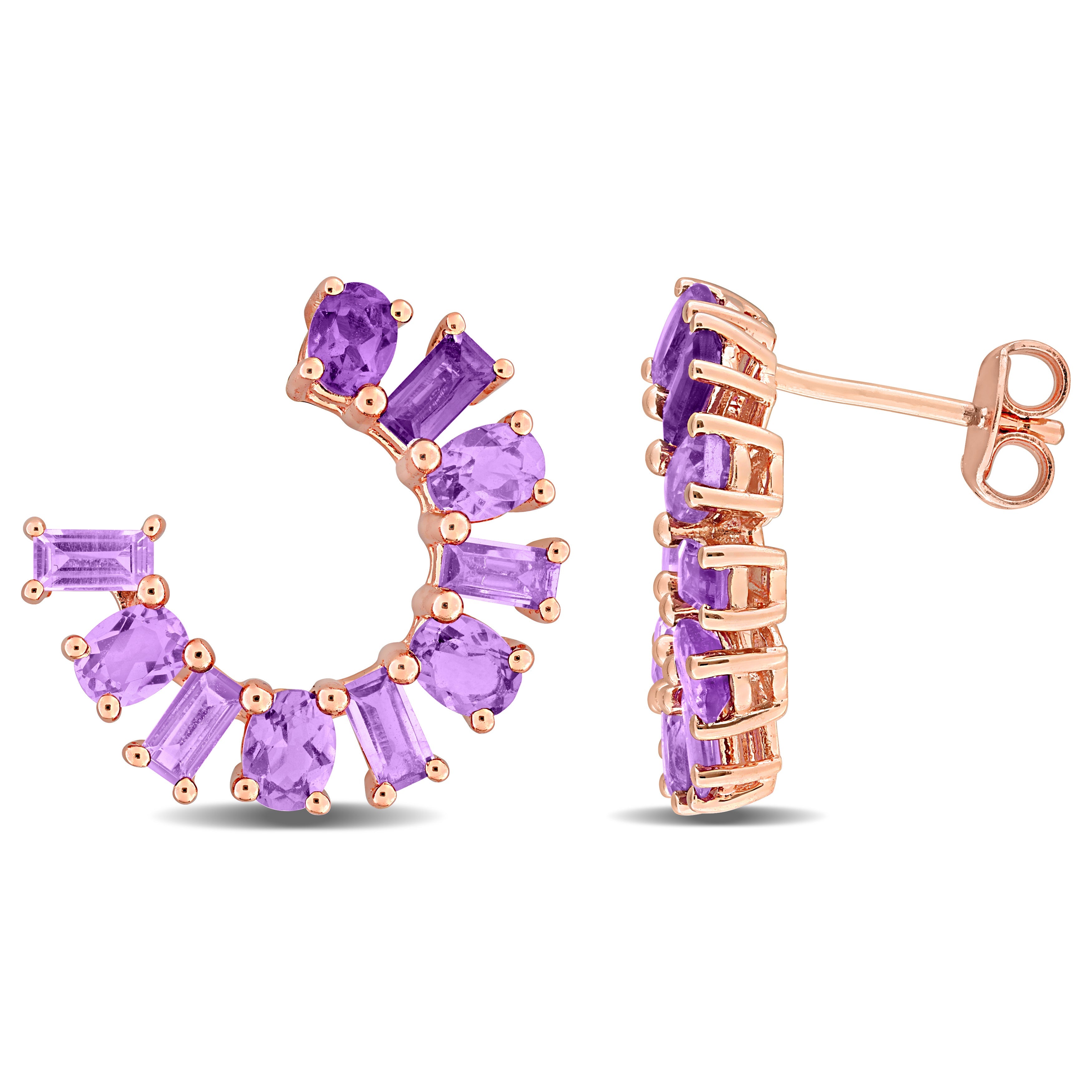 Rose-plated sterling silver earrings with amethyst gemstones, front view by Delmar