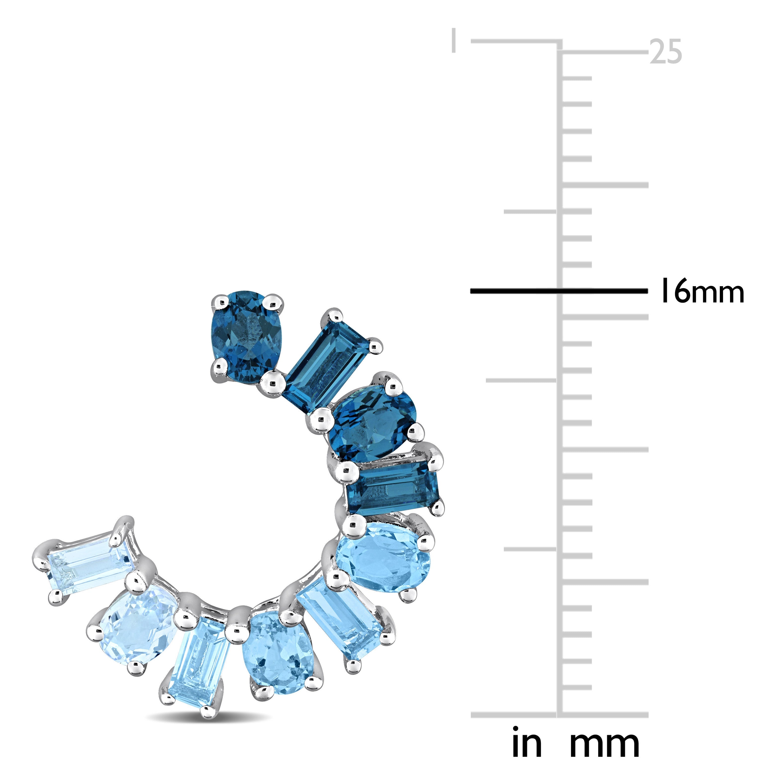 Sterling silver curved earrings with blue topaz, detail view by Delmar