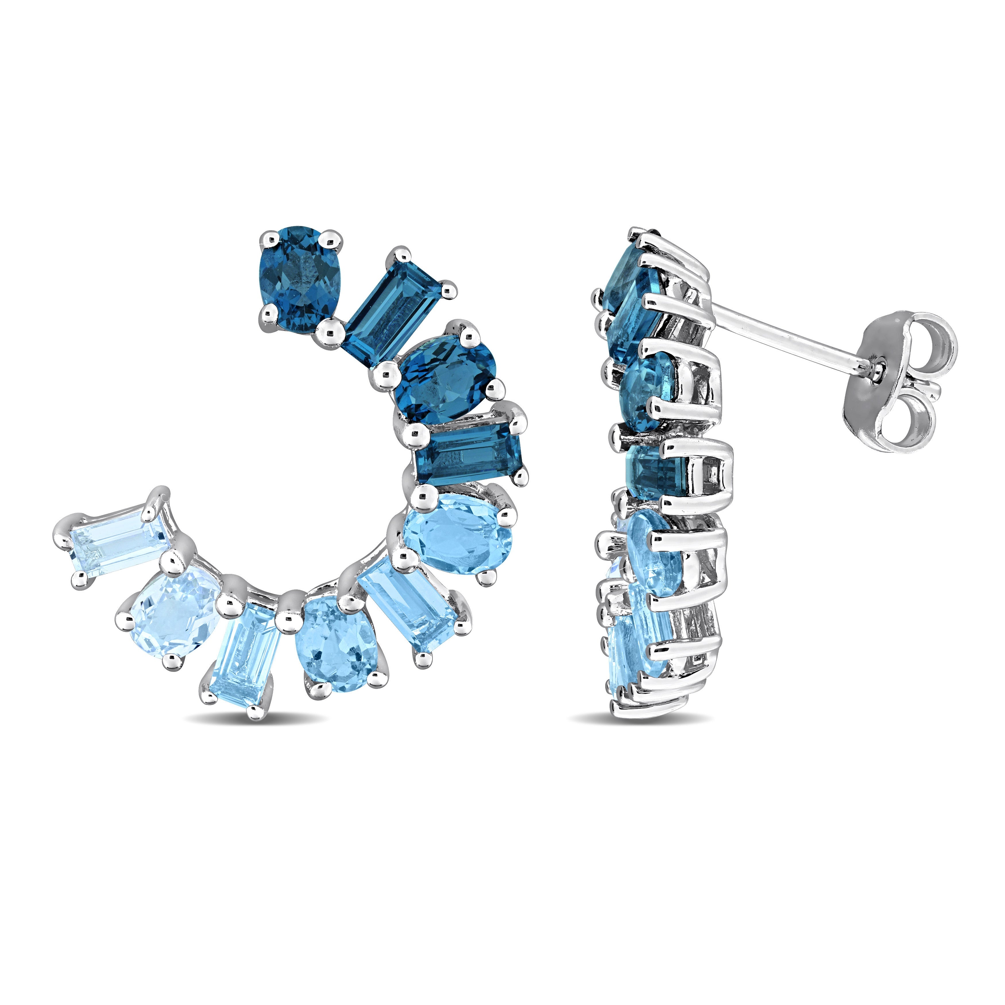 Blue topaz curved drop earrings in sterling silver, front view by Delmar