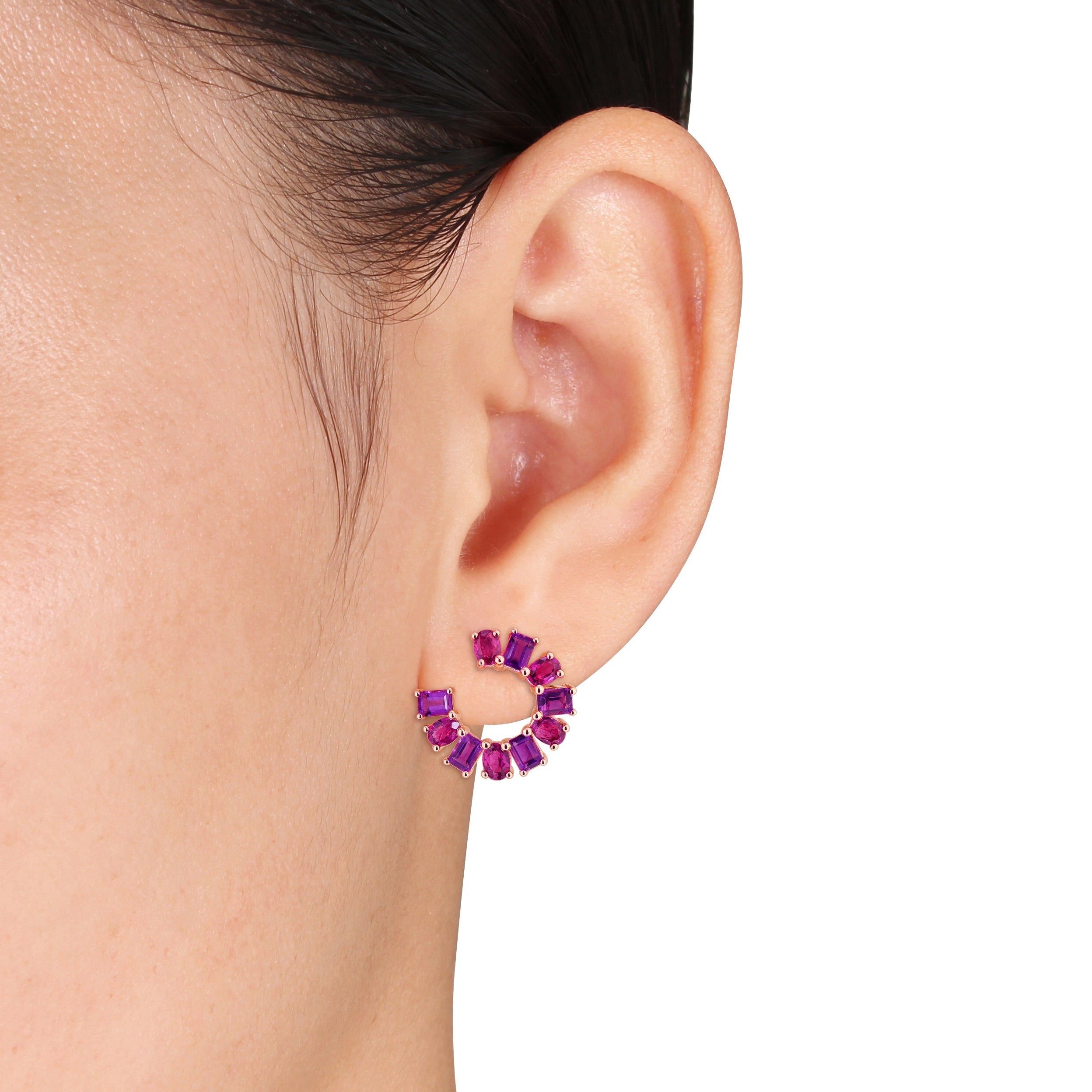 Rose-plated sterling silver drop earrings with rhodolite and amethyst gemstones, side view by Lord & Taylor