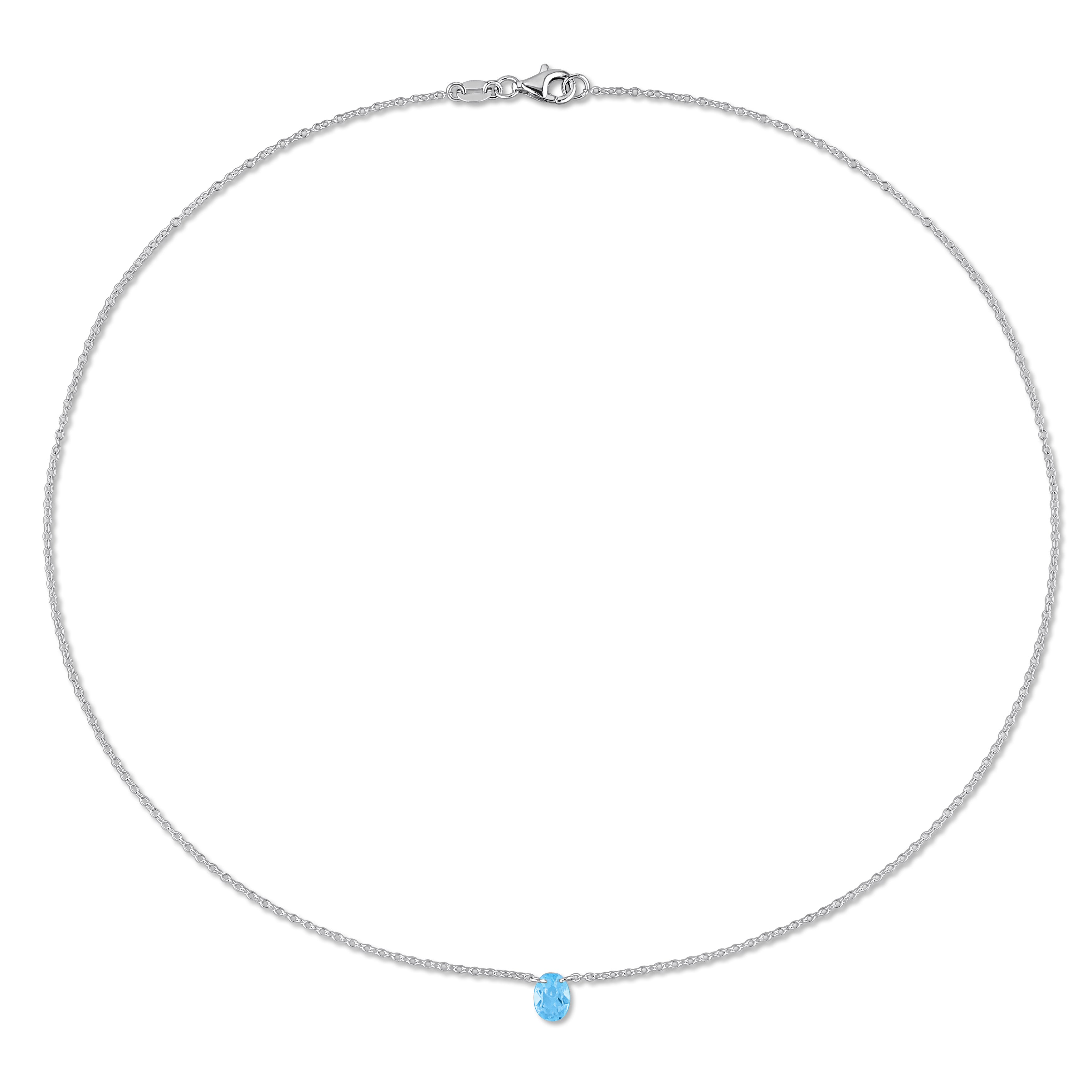 Blue topaz oval gemstone pendant, detail view of sterling silver setting by Lord & Taylor