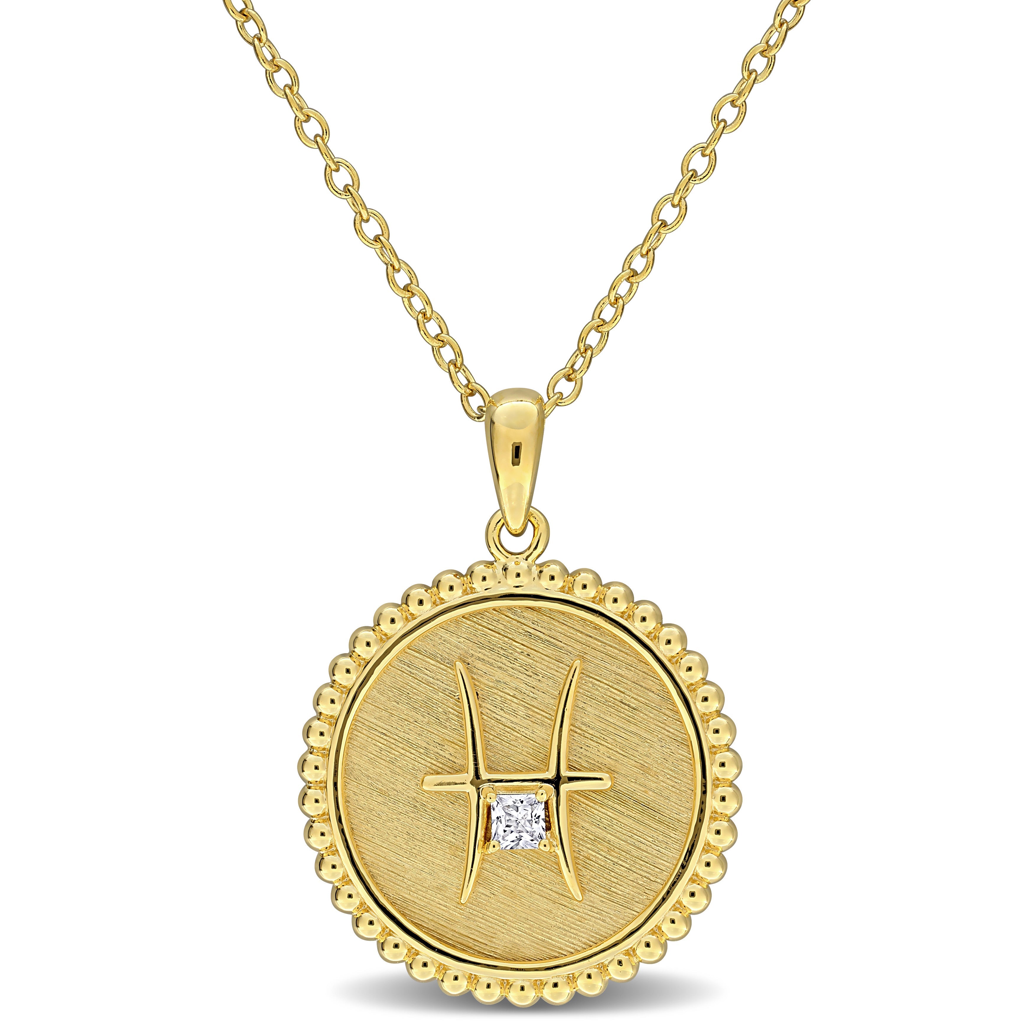 Yellow-plated sterling silver Aquarius zodiac pendant with white sapphire, detail view by Lord & Taylor