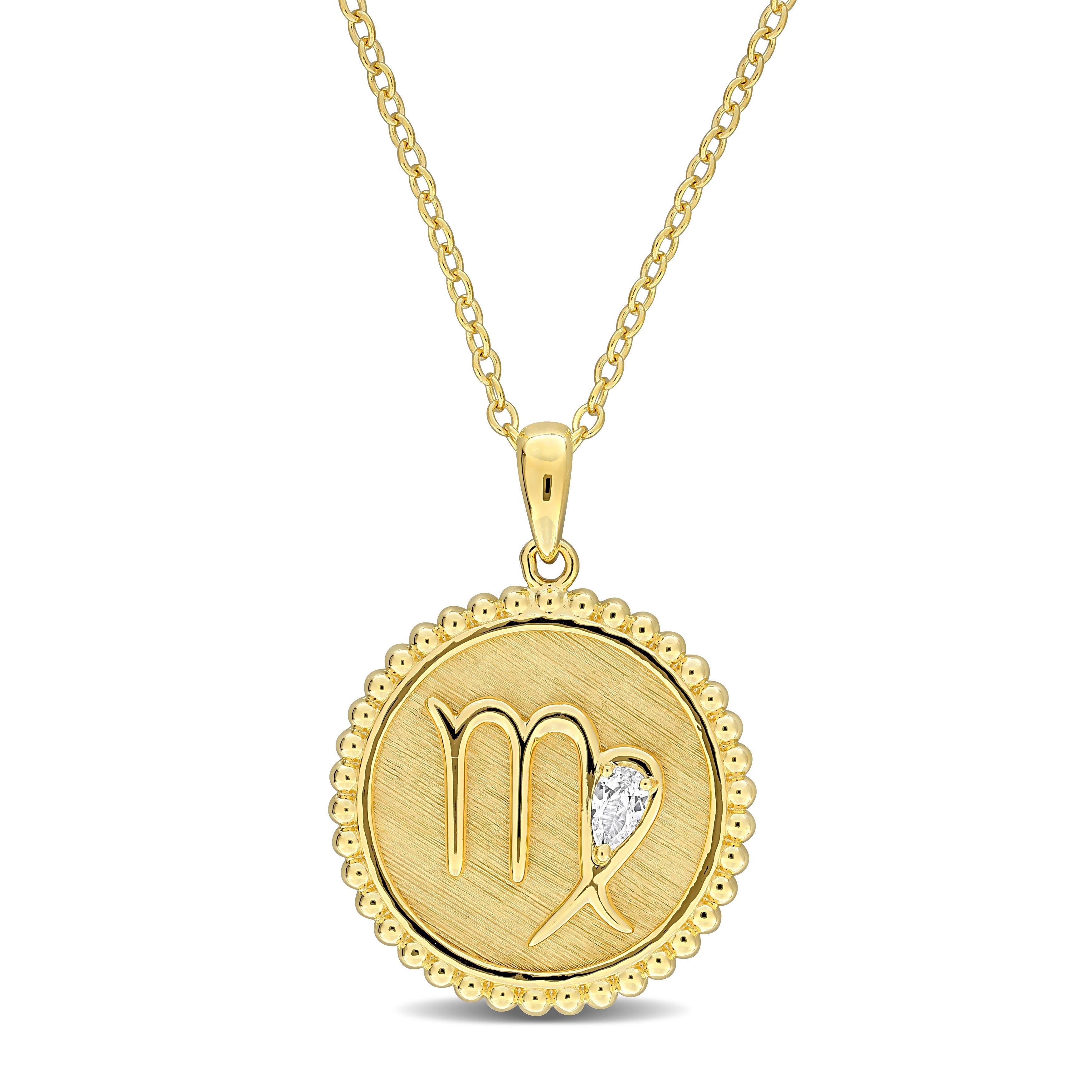 Yellow-plated sterling silver Leo zodiac pendant with white sapphire, detail view by Lord & Taylor