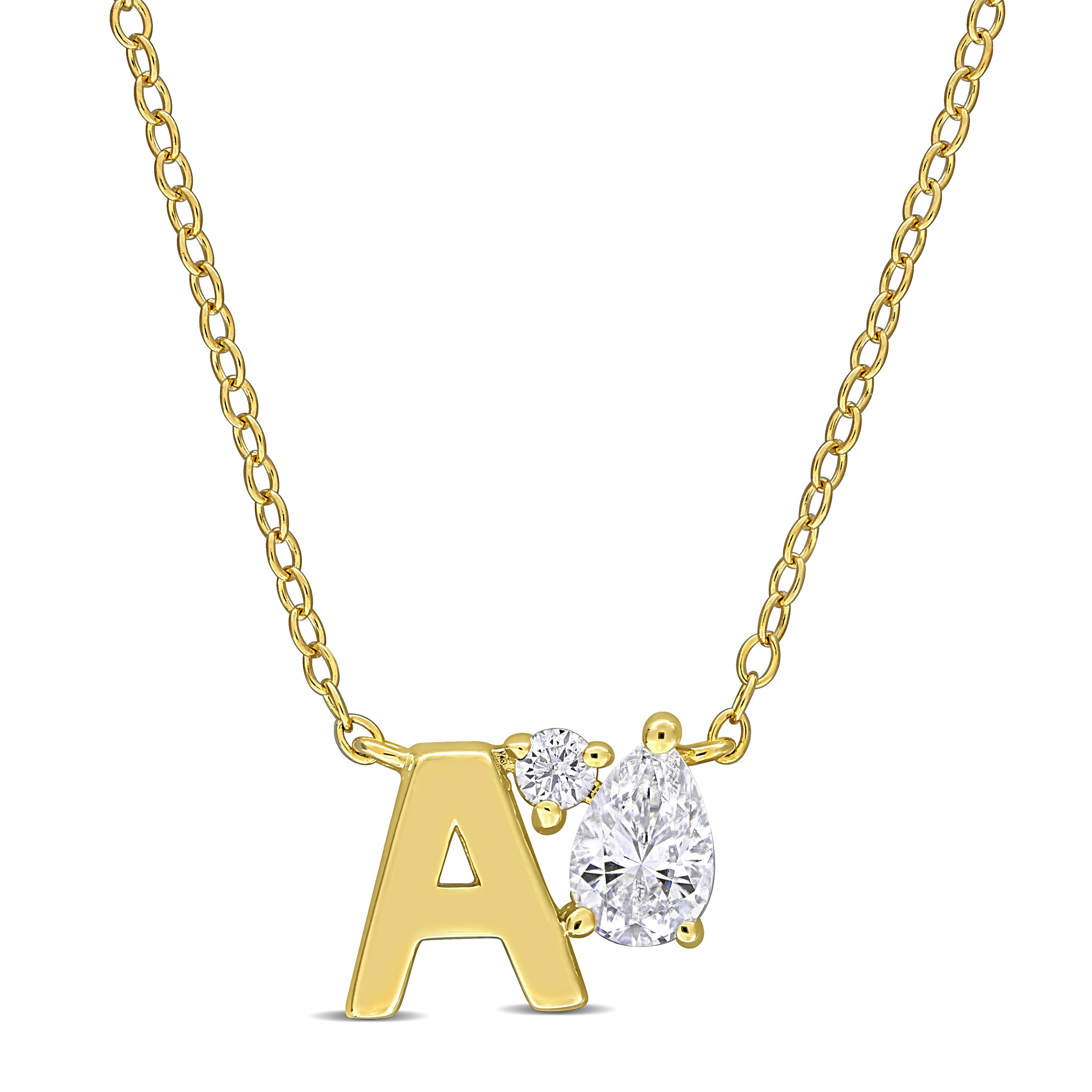 Yellow-plated sterling silver initial pendant necklace with white sapphires, front view by Lord & Taylor