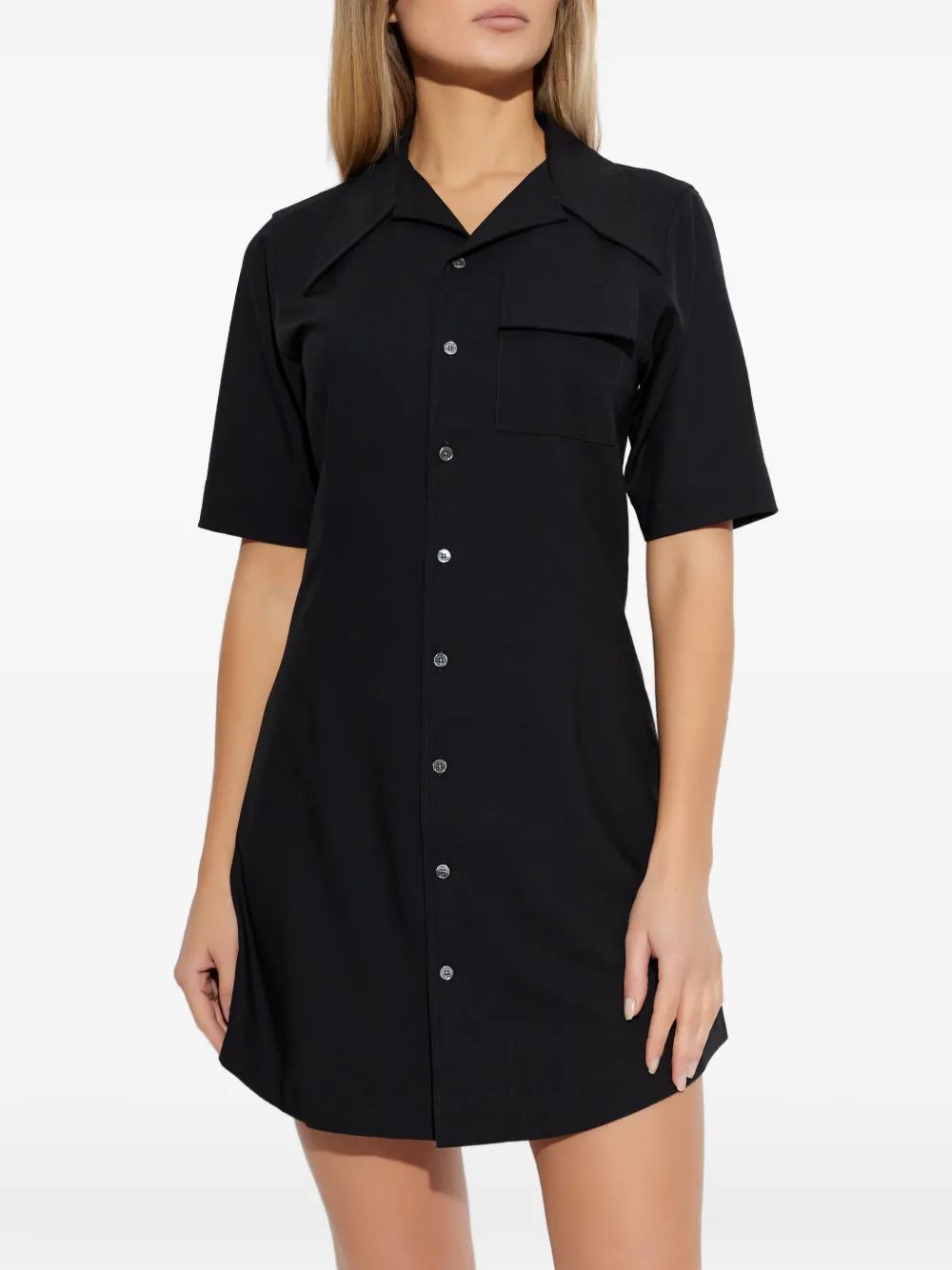 Black wool shirt dress by AMI Paris, back view on model