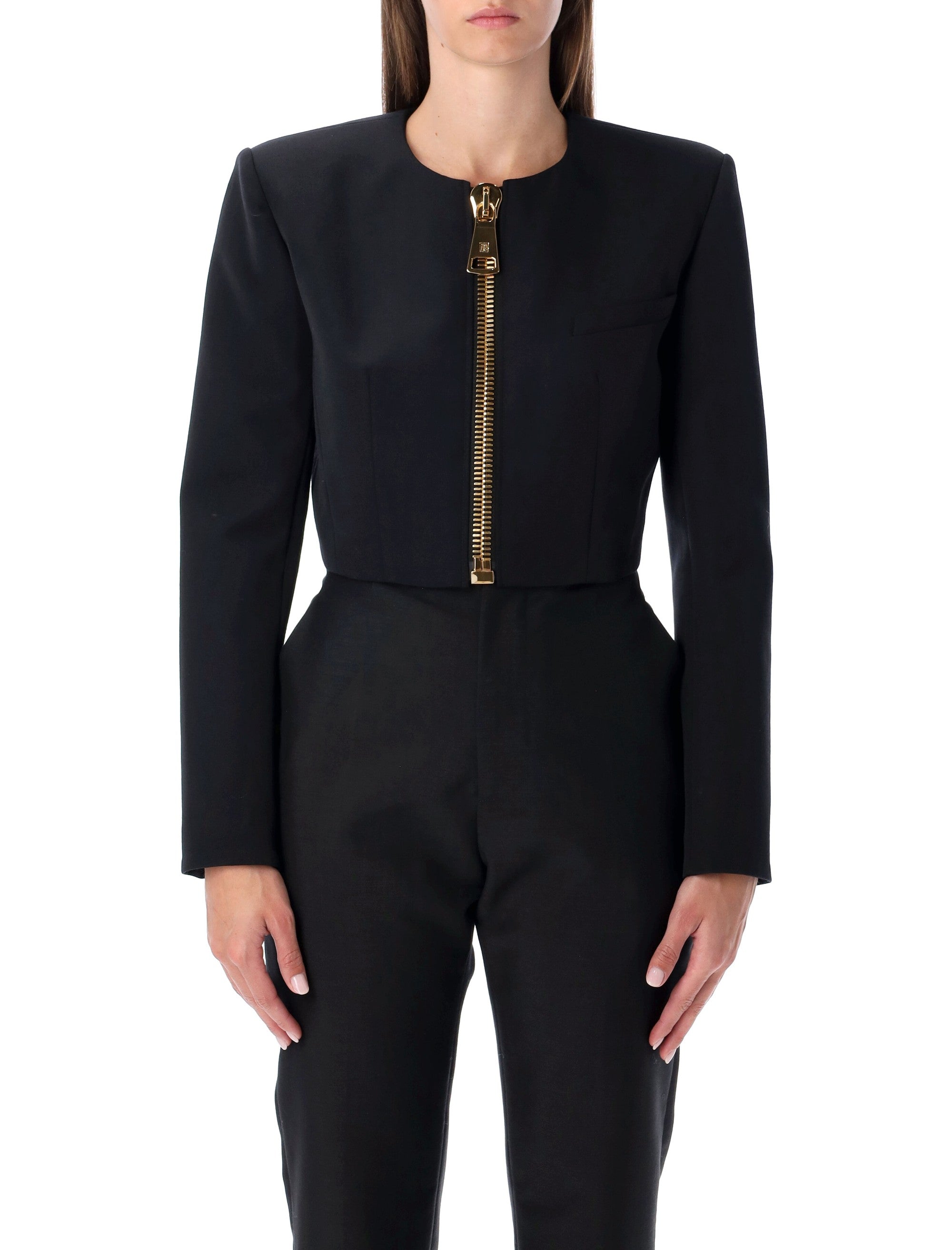 ジャケット・アウター Pierre Balmain wool short jacket M BALMAIN CROPPED BLACK WOOL JACKET WITH GOLD ZIP – Lord & Taylor