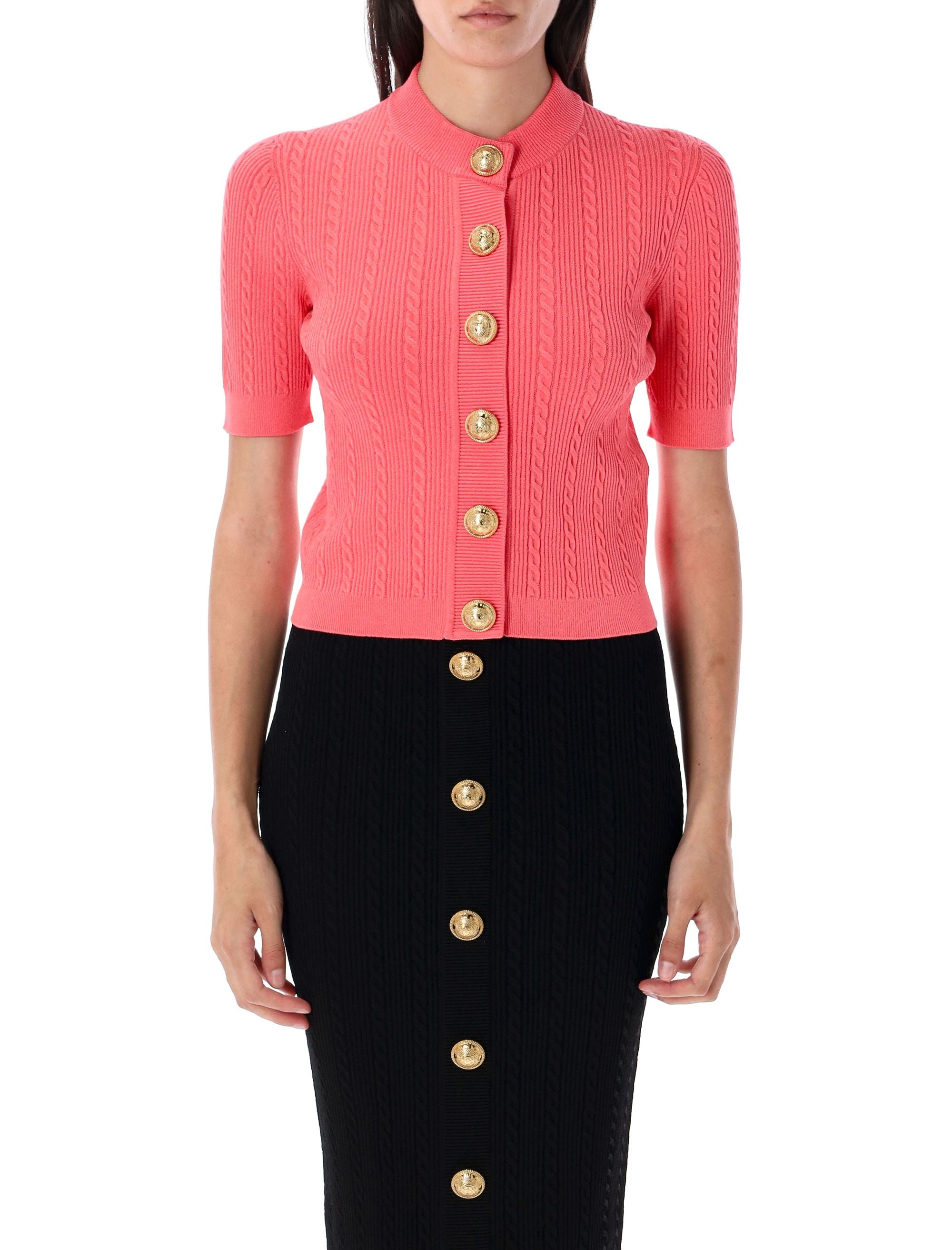 RIBBED AND CABLE-KNIT CARDIGAN Balmain ROSE FONCÉ 36