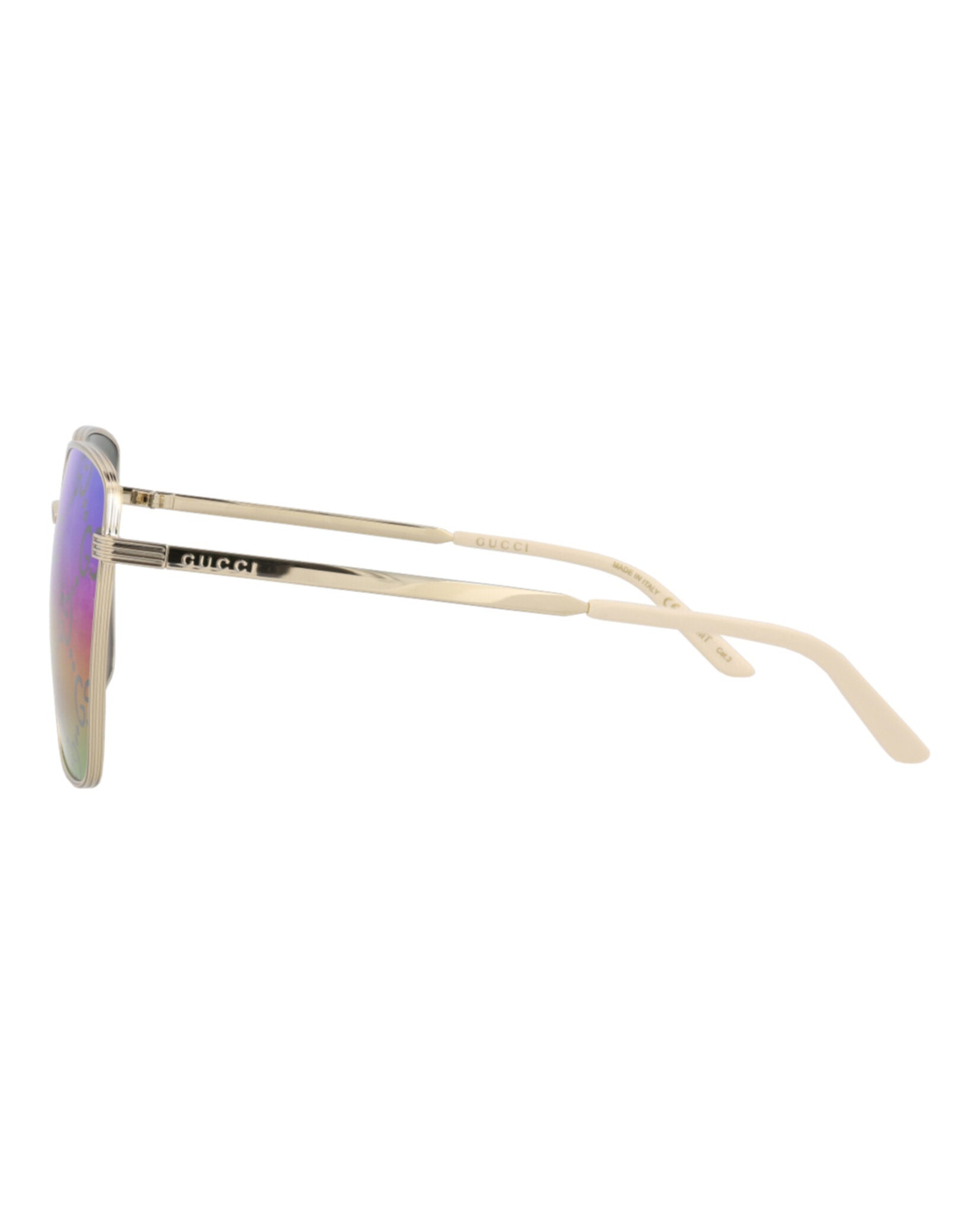 Black square-frame metal sunglasses by Gucci, temple detail