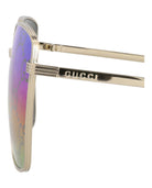 Black square-frame metal sunglasses by Gucci, saddle bridge close-up